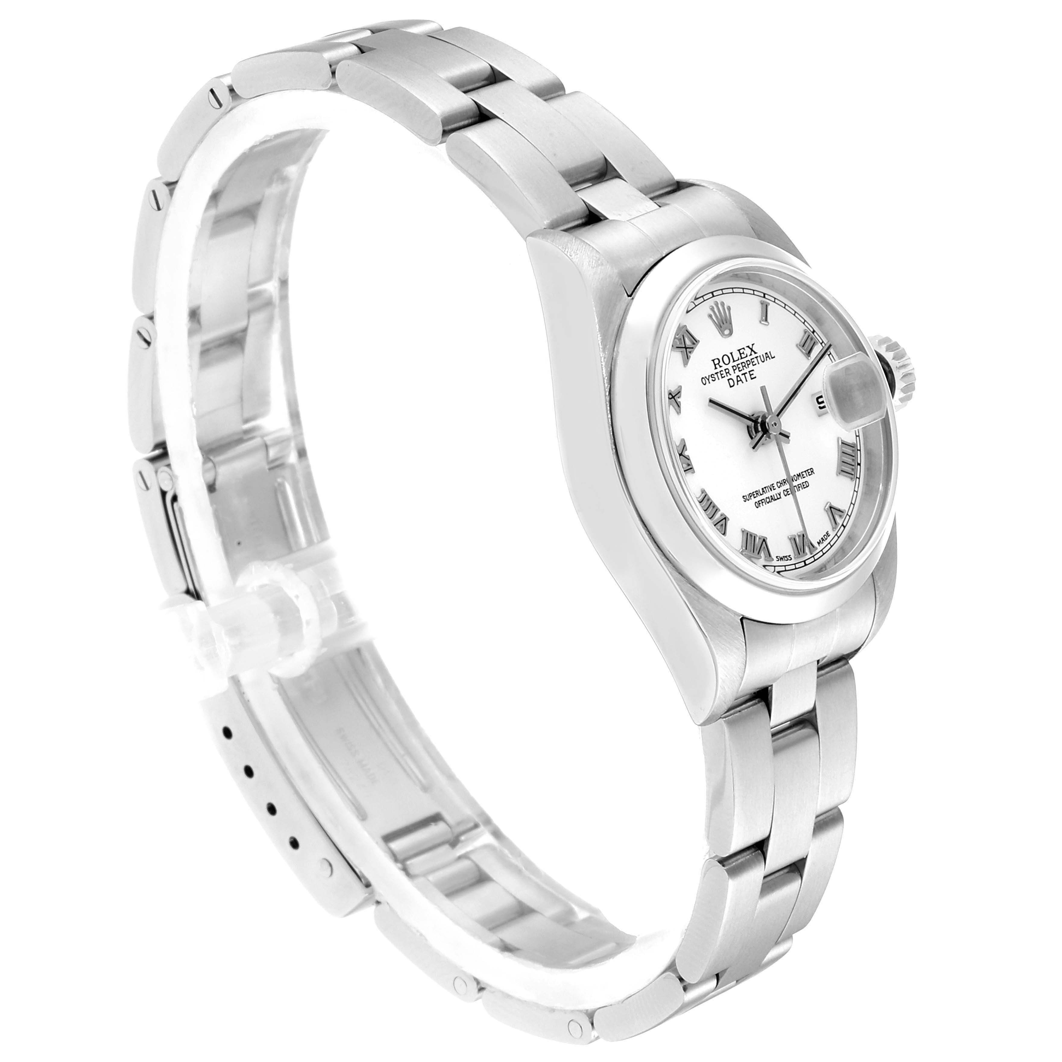 This image shows a side angle of a Rolex Date 79160 Women
s Stainless Steel White Dial 79160 Women
s Stainless Steel White Dial model watch, highlighting the dial, bracelet, and crown.