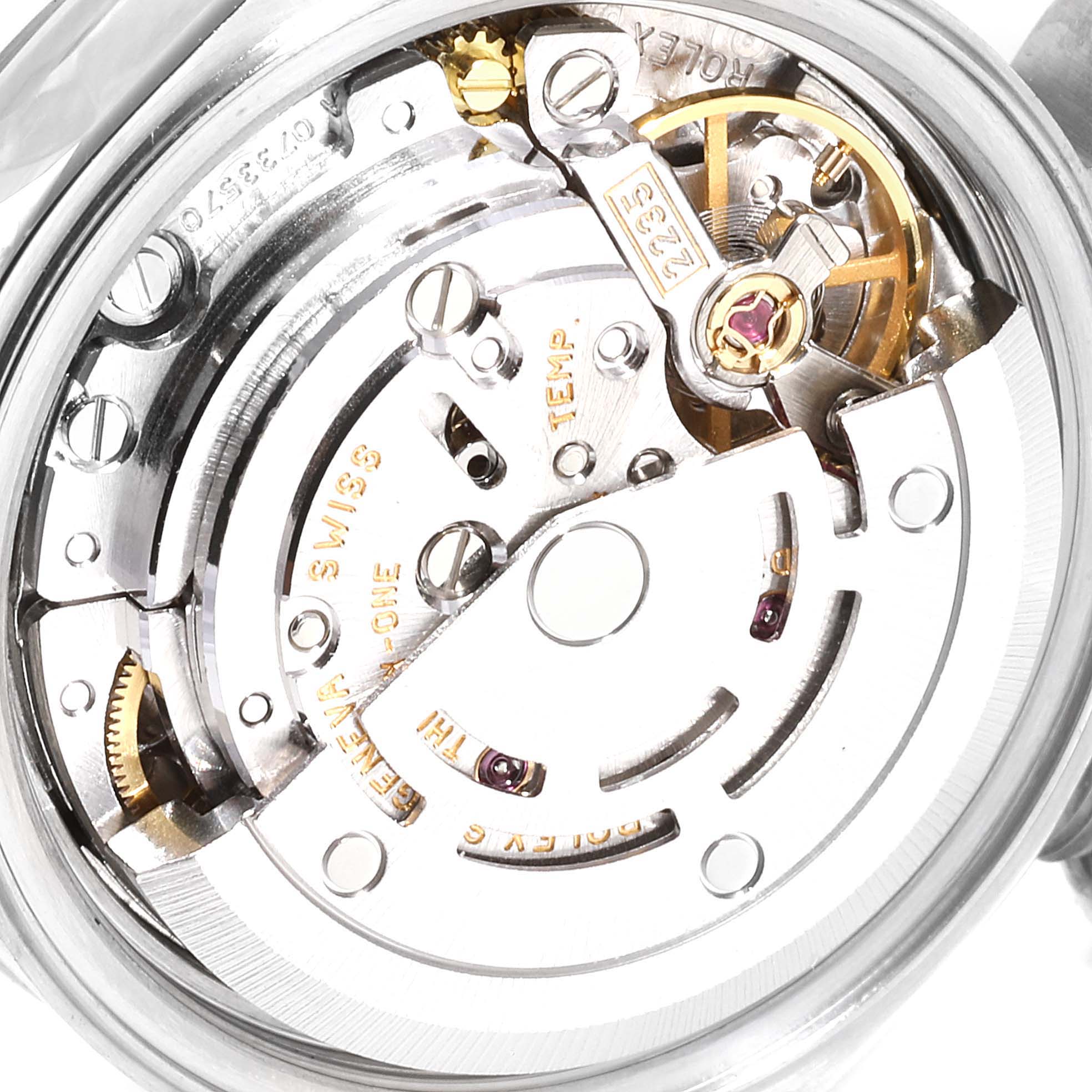 This image shows the intricate internal movement mechanism of a Rolex Date 79160 Women
s Stainless Steel White Dial 79160 Women
s Stainless Steel White Dial model watch from a close-up angle.
