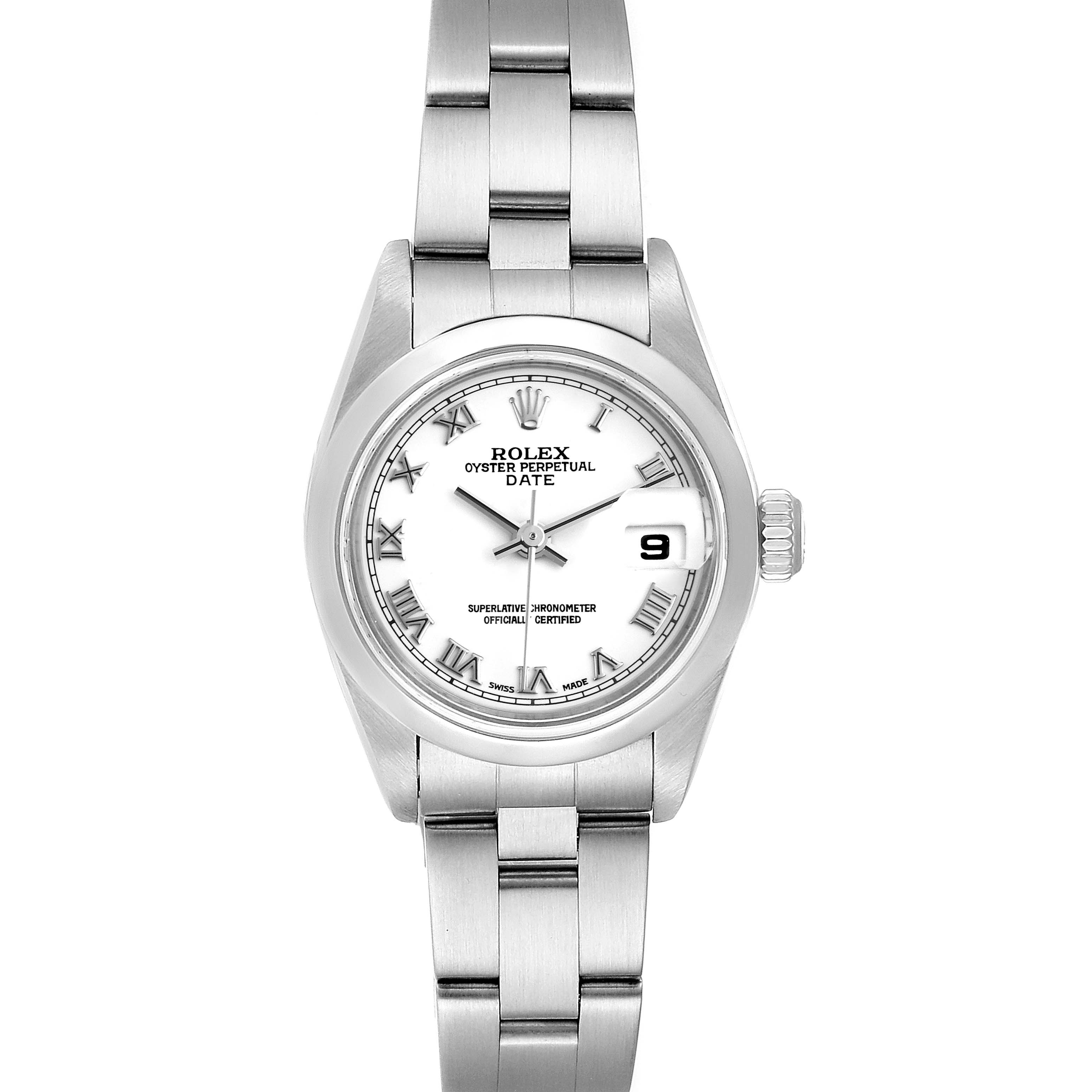 The Rolex Date 79160 Women
s Stainless Steel White Dial 79160 Women
s Stainless Steel White Dial model is shown from a top-down angle, displaying the dial, hands, bracelet, crown, and date window.