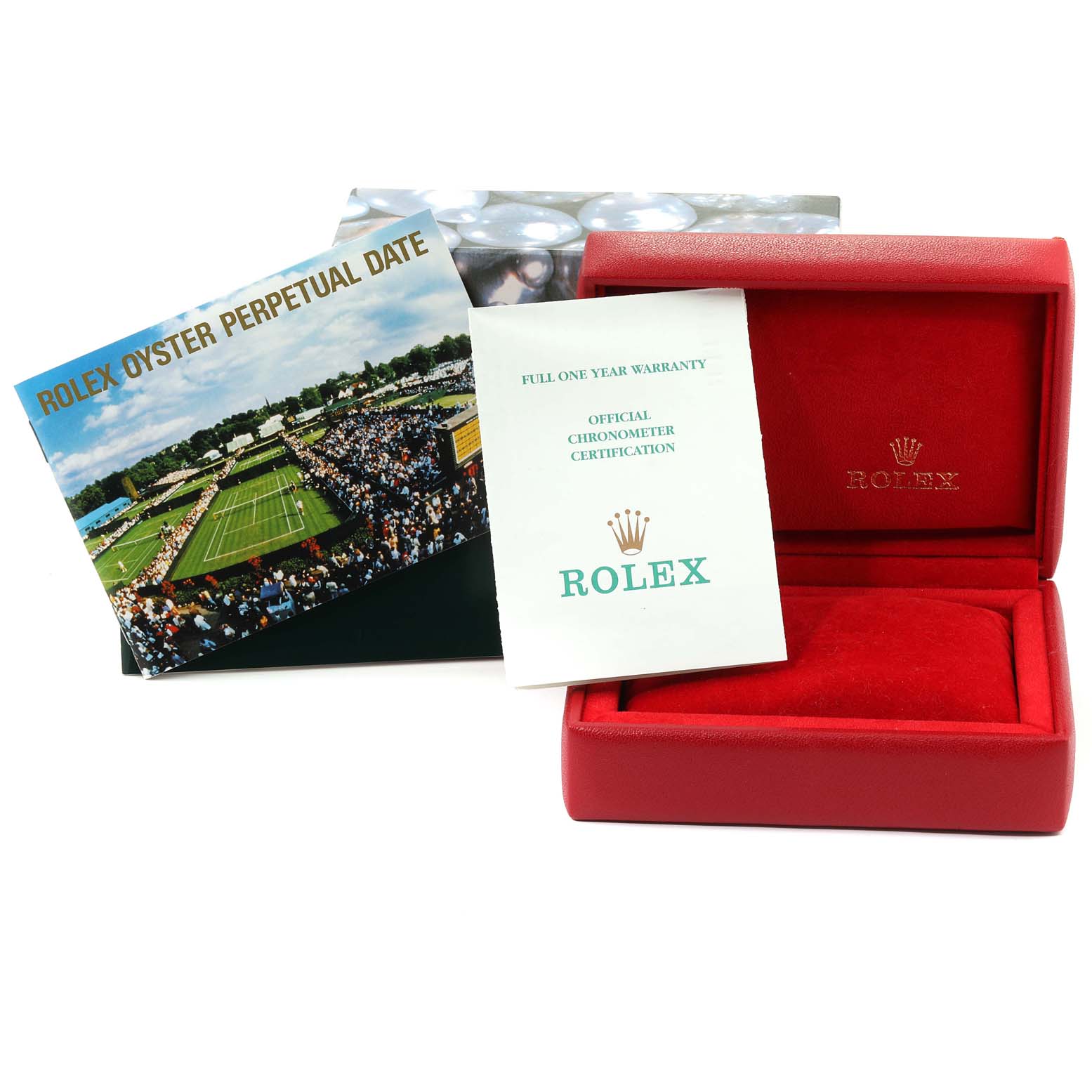 This image shows a Rolex Date 79160 Women
s Stainless Steel White Dial 79160 Women
s Stainless Steel White Dial model watch box with accompanying warranty and certification papers from a front angle.