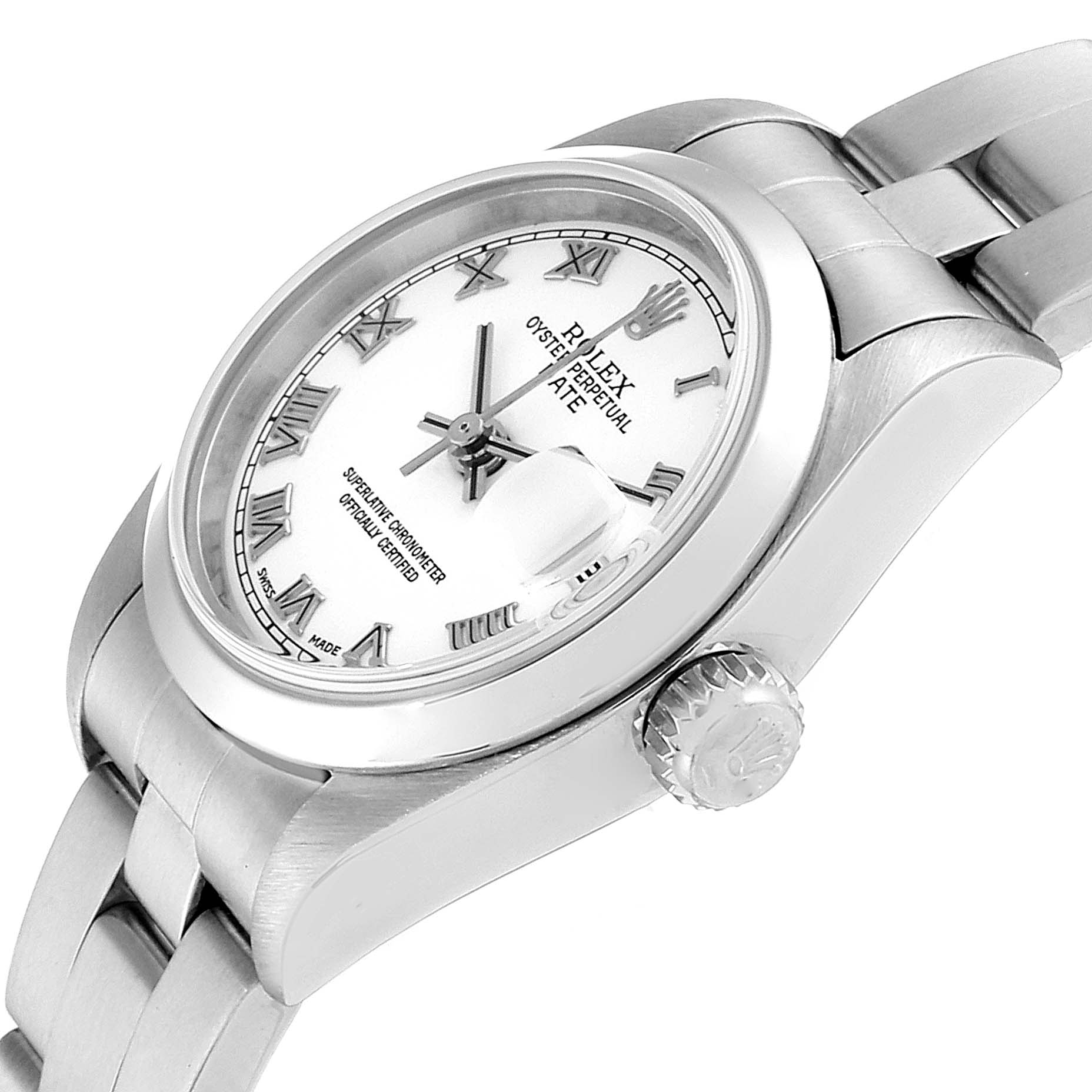 The image shows a Rolex Date 79160 Women
s Stainless Steel White Dial 79160 Women
s Stainless Steel White Dial model watch from an angled side view, focusing on the face, crown, and part of the bracelet.