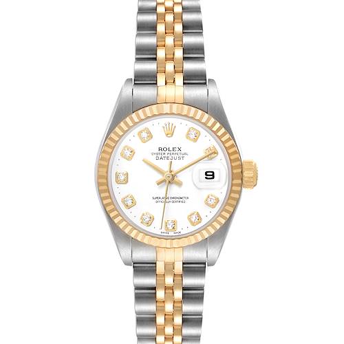 The Rolex Datejust 79173 Women's Stainless Steel White Dial watch is shown from a top-down angle, displaying the face, bezel, and bracelet.
