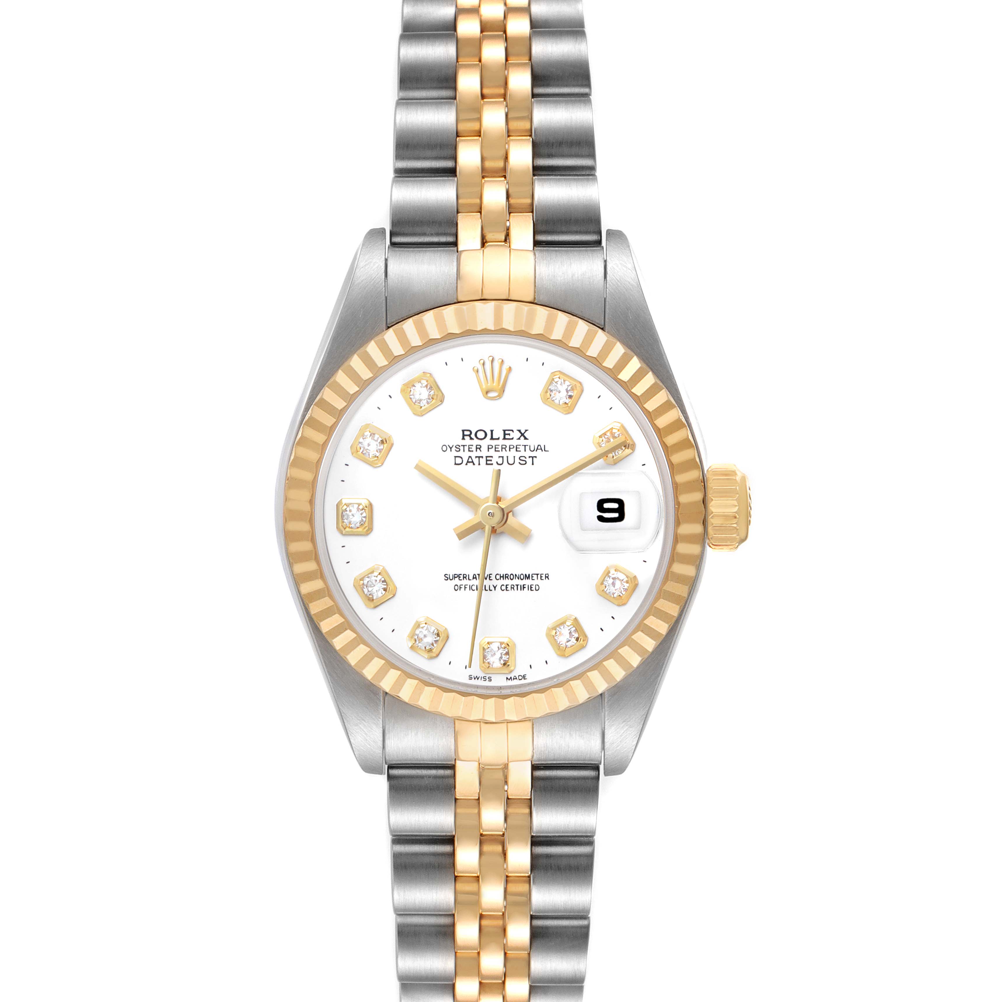 The Rolex Datejust 79173 Women's Stainless Steel White Dial watch is shown from a top-down angle, displaying the dial, bezel, crown, and bracelet.