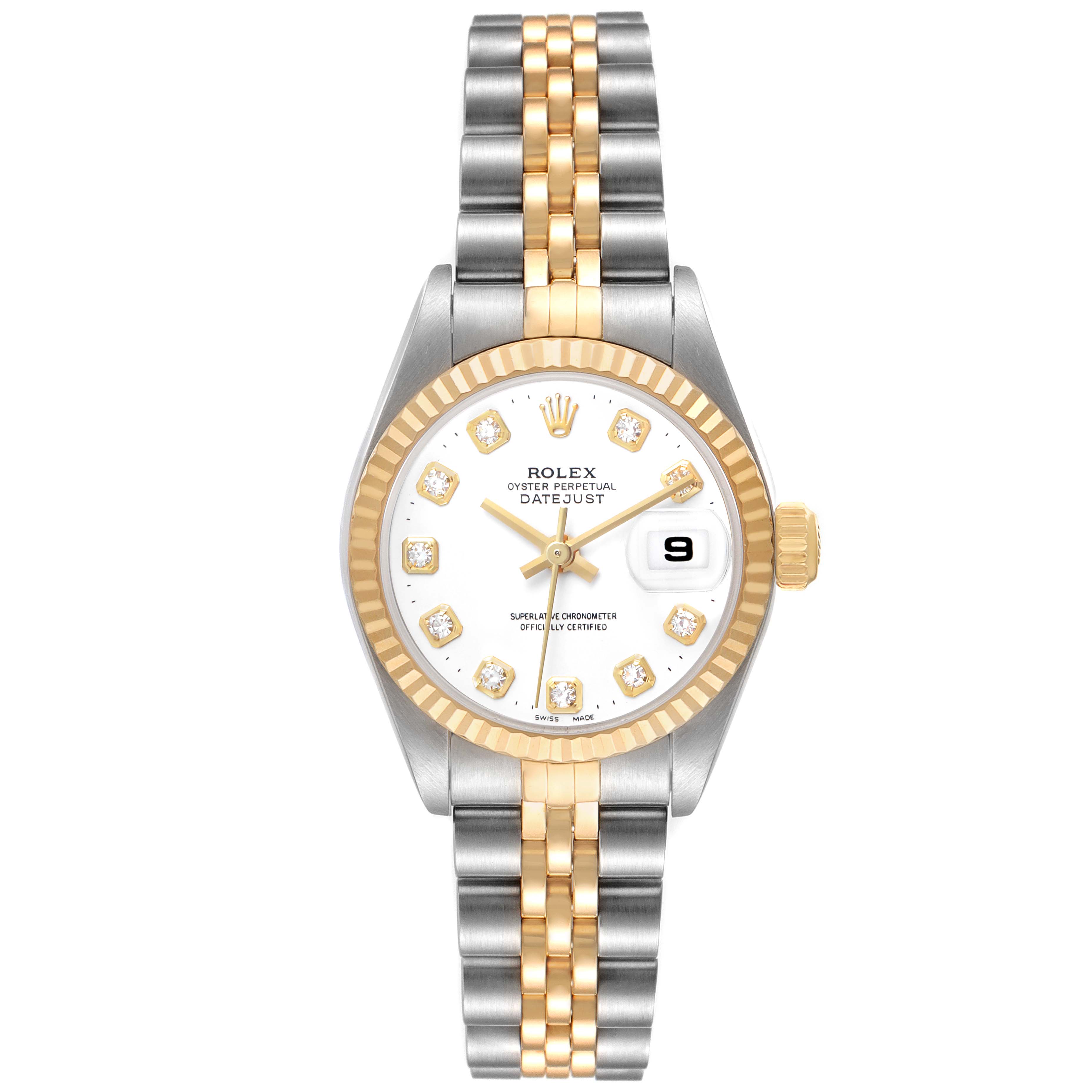 The Rolex Datejust 79173 Women's Stainless Steel White Dial watch is shown from a front angle, featuring the bezel, dial, hands, bracelet, and date window.