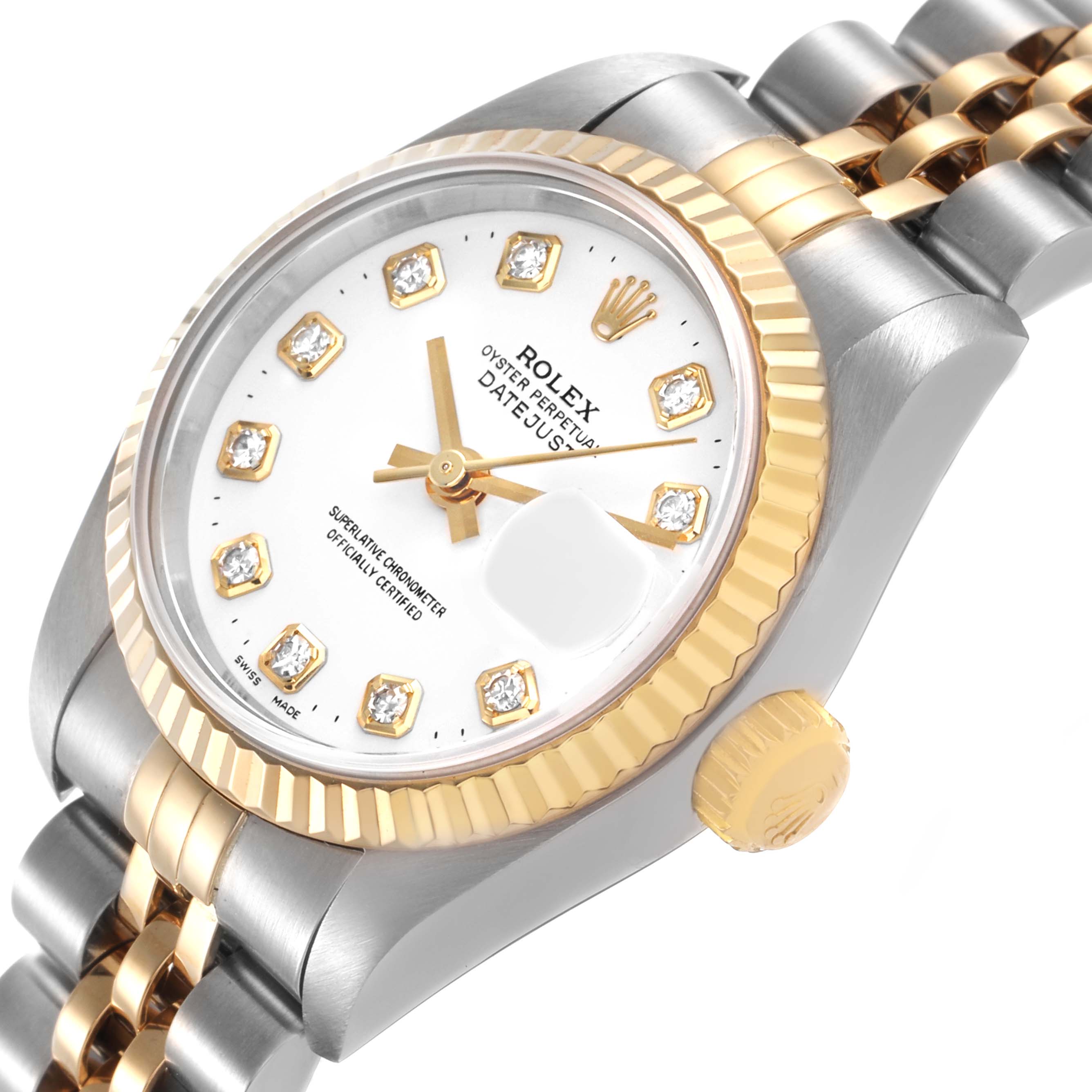 The Rolex Datejust 79173 Women's Stainless Steel White Dial watch is shown at an angled close-up view, highlighting the dial, fluted bezel, crown, and part of the Jubilee bracelet.