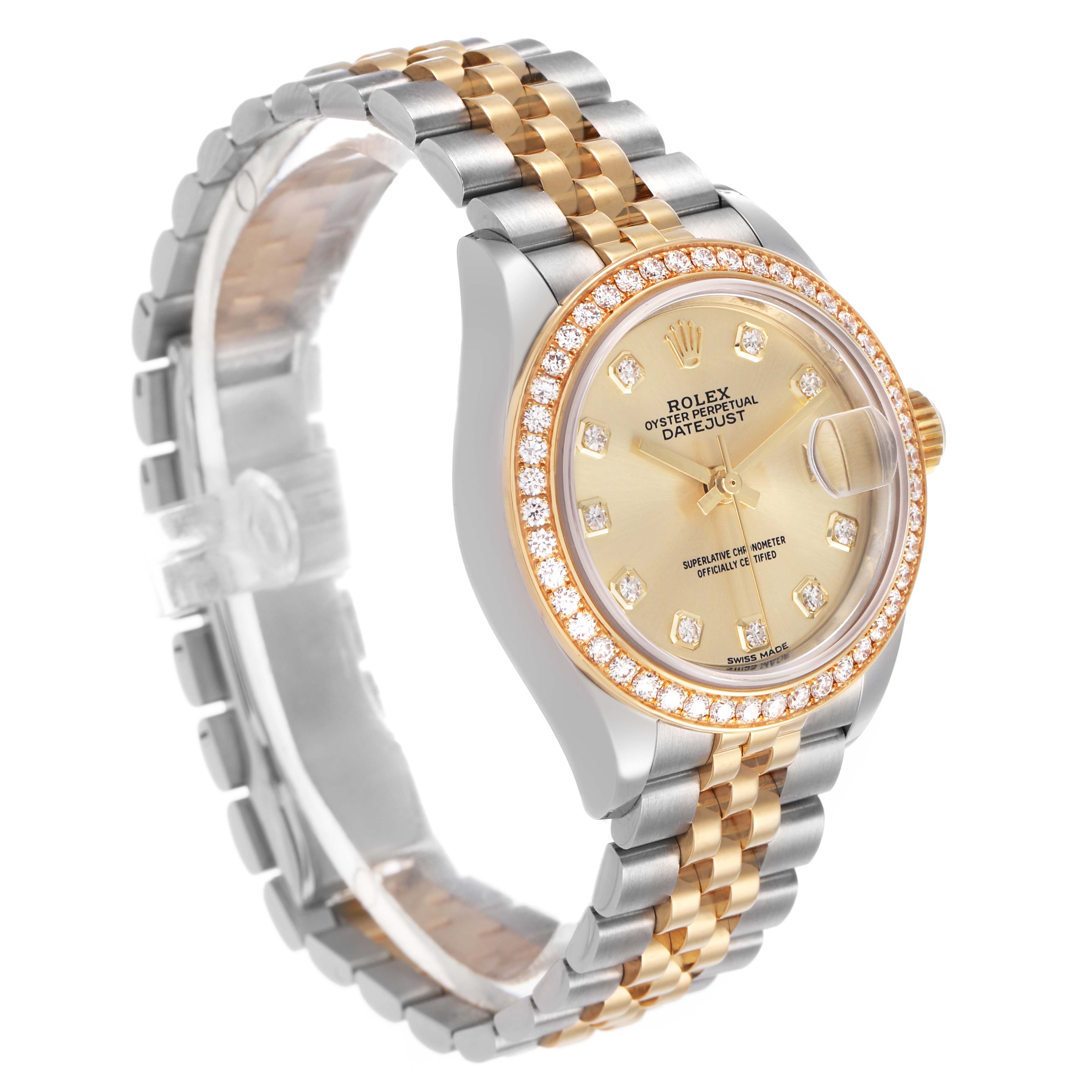 The Rolex Datejust 279383 Women's Stainless Steel Champagne Dial watch is shown at a slight diagonal angle, highlighting the face, bezel, and two-tone bracelet.