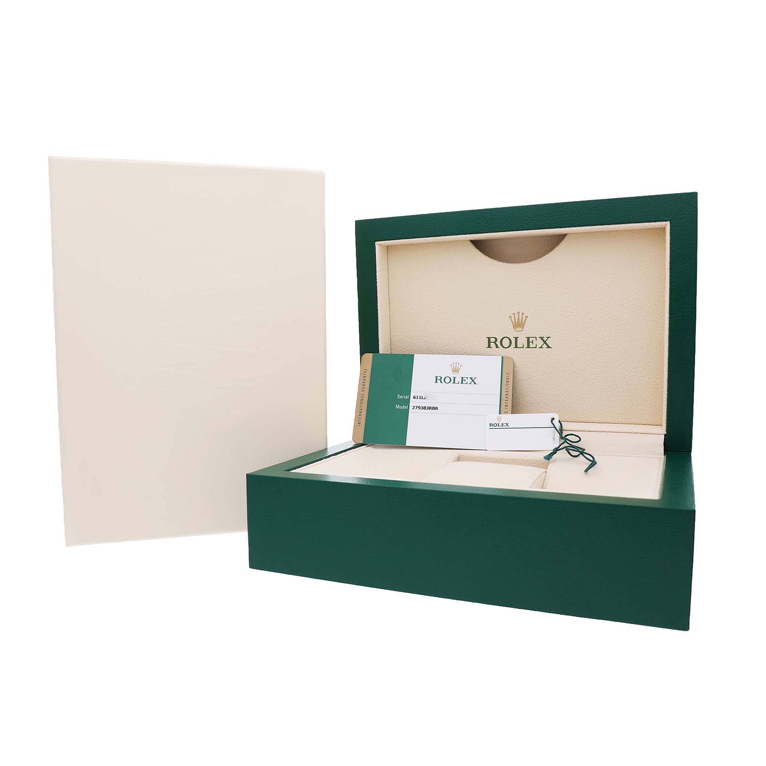 The image shows the open packaging for a Rolex Datejust 279383 Women's Stainless Steel Champagne Dial, featuring the inner green box and accompanying documents.