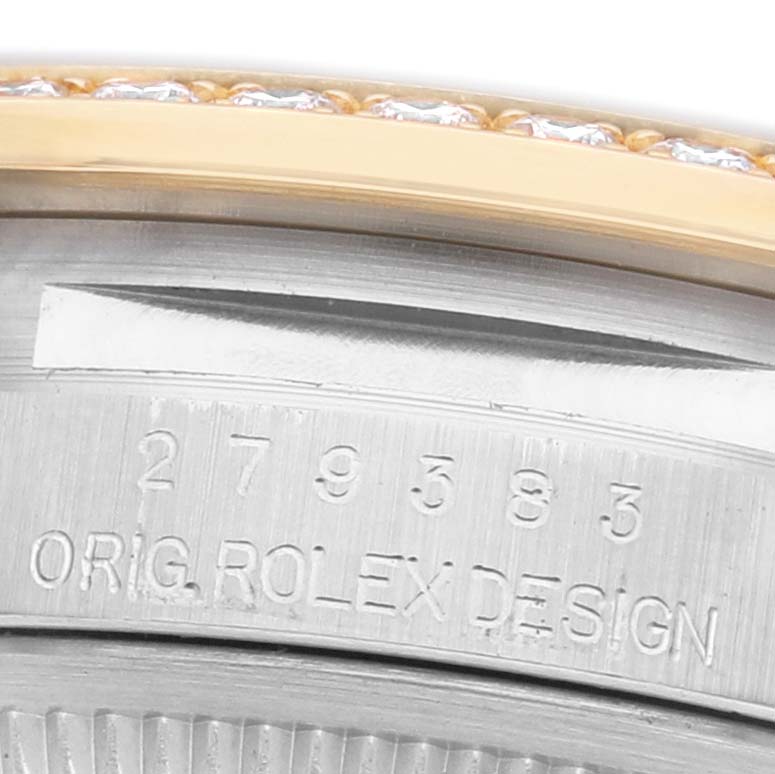 The image shows a close-up of the bracelet and engraved case edge of a Rolex Datejust 279383 Women's Stainless Steel Champagne Dial watch.