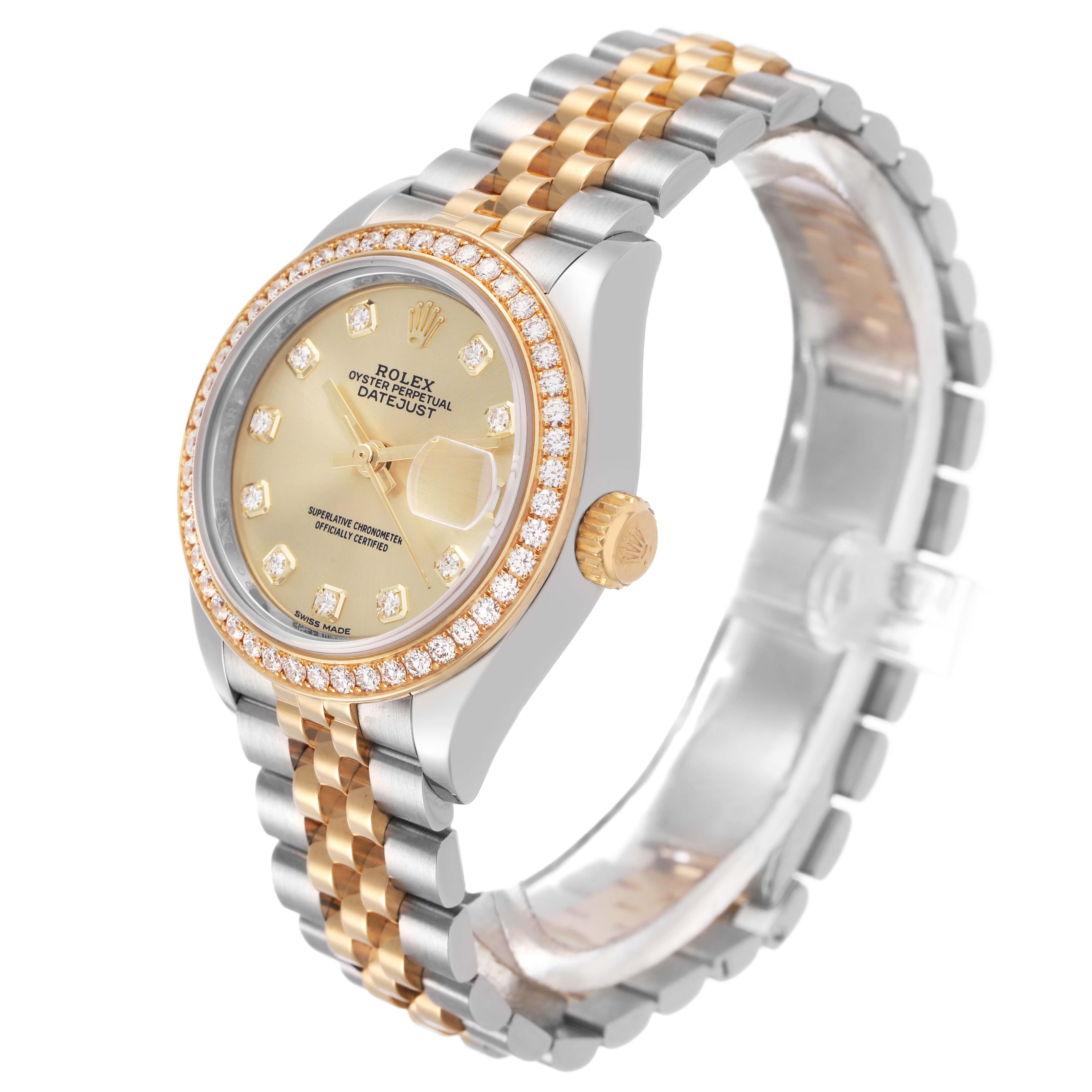 The Rolex Datejust 279383 Women's Stainless Steel Champagne Dial watch is shown at a three-quarter angle, featuring the dial, bezel, crown, and bracelet.