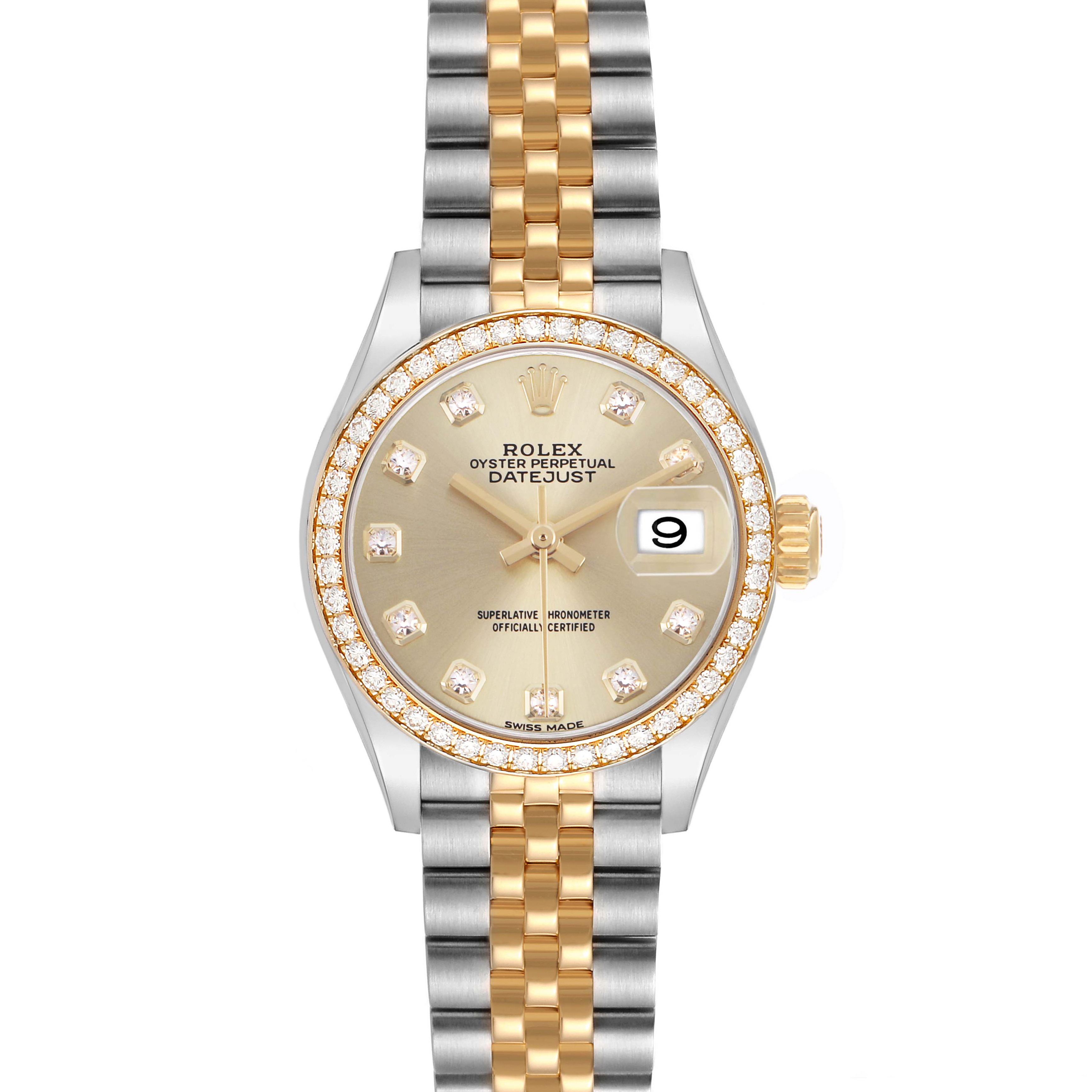 The Rolex Datejust 279383 Women's Stainless Steel Champagne Dial watch is shown from the front, highlighting its dial, bezel, and two-tone bracelet.
