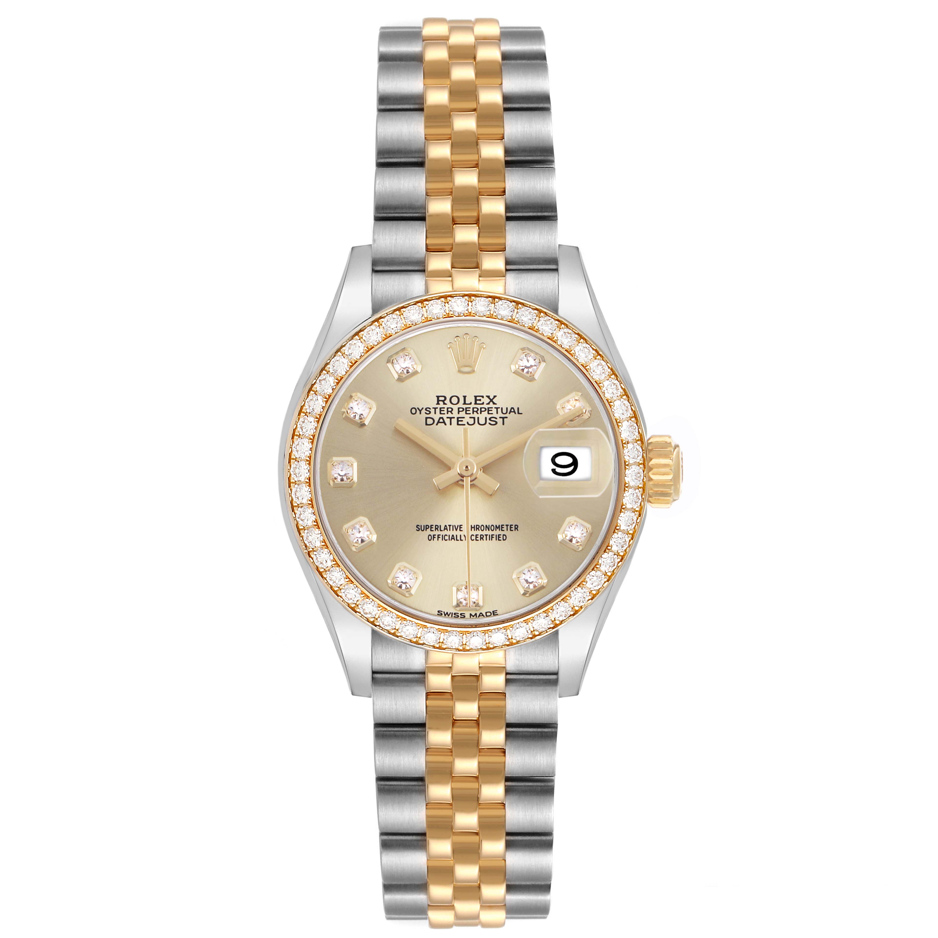 The Rolex Datejust 279383 Women's Stainless Steel Champagne Dial watch is shown from the front, featuring a gold and diamond bezel, a champagne dial, and a two-tone bracelet.