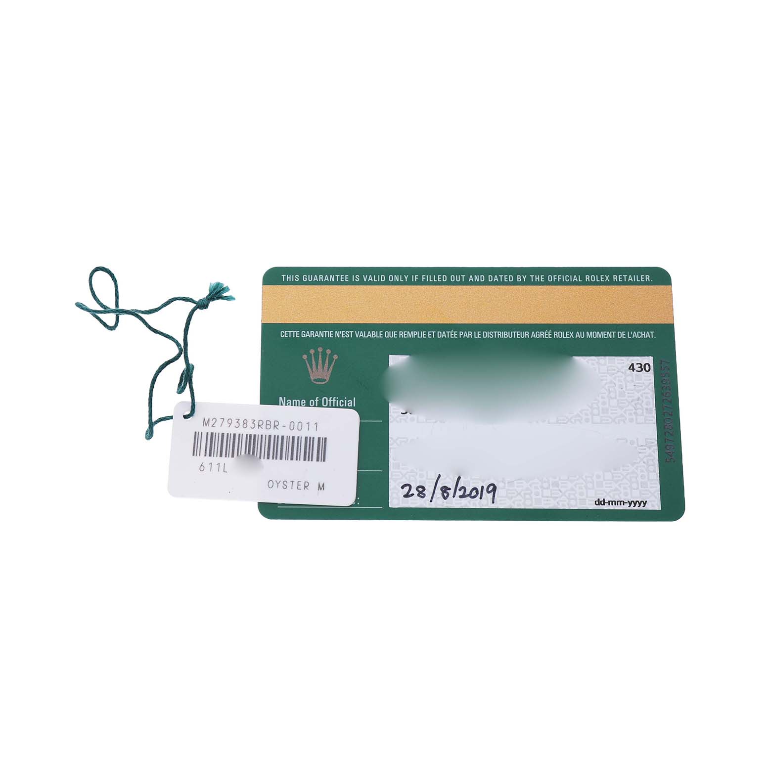 The image shows a warranty card at an overhead angle for a Rolex Datejust 279383 Women's Stainless Steel Champagne Dial, along with a tag featuring model details.