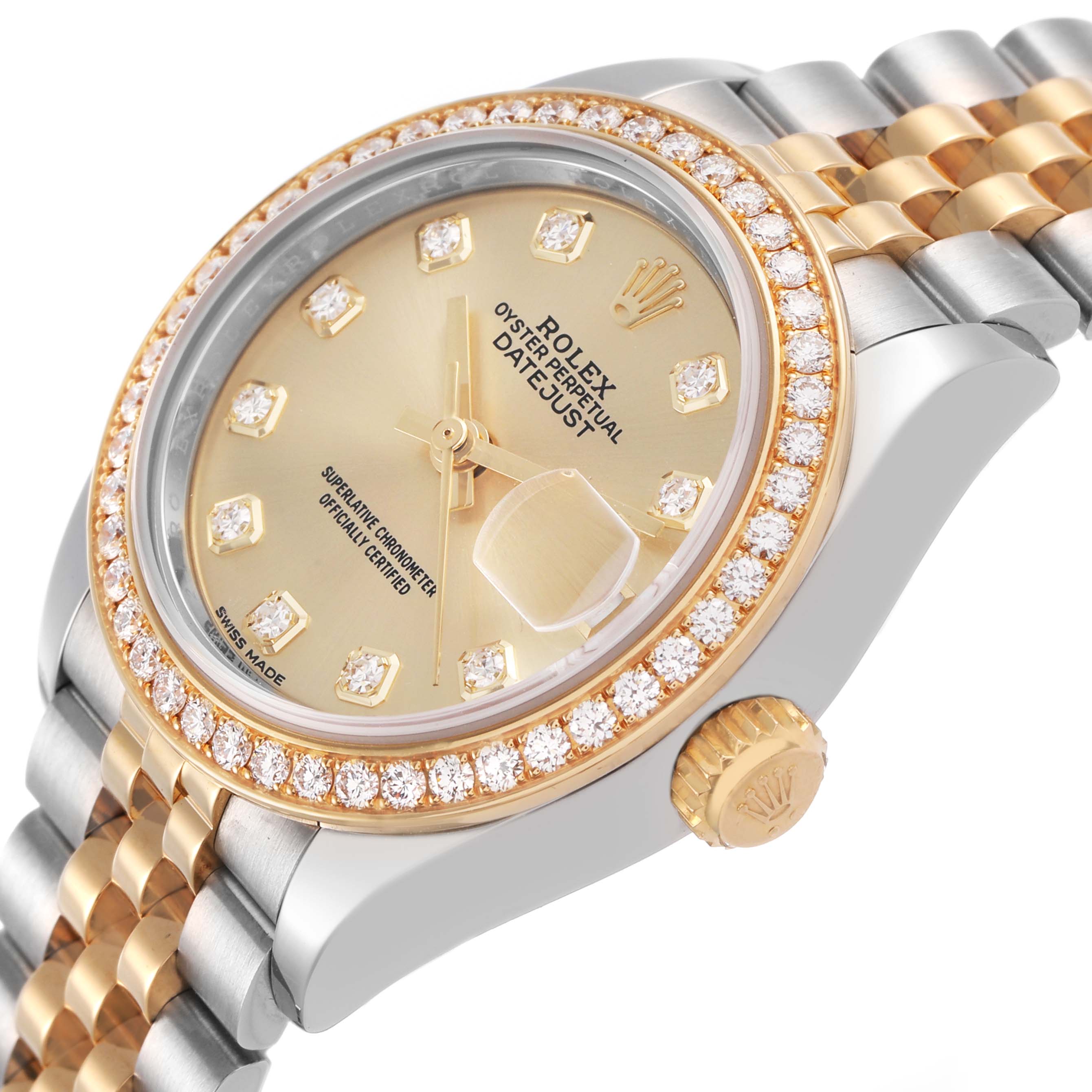 The Rolex Datejust 279383 Women's Stainless Steel Champagne Dial watch is shown from a side angle, highlighting the dial, bezel with diamonds, and the two-tone bracelet.