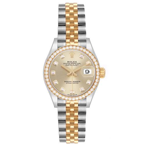 The Rolex Datejust 279383 Women's Stainless Steel Champagne Dial watch is shown from a front angle, displaying the dial, bezel, and bracelet.