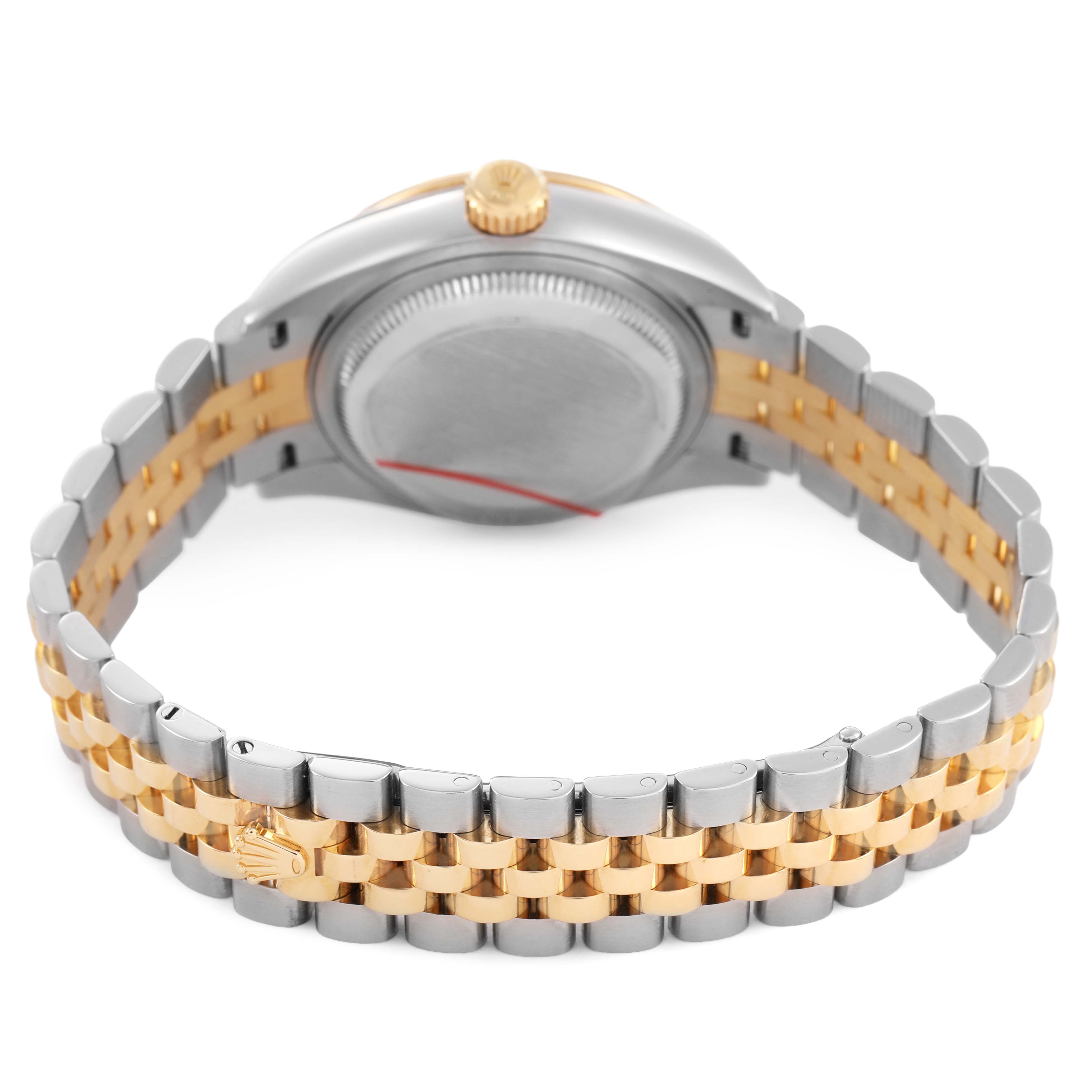 The image shows the back view of a Rolex Datejust 279383 Women's Stainless Steel Champagne Dial, highlighting the bracelet and case back.