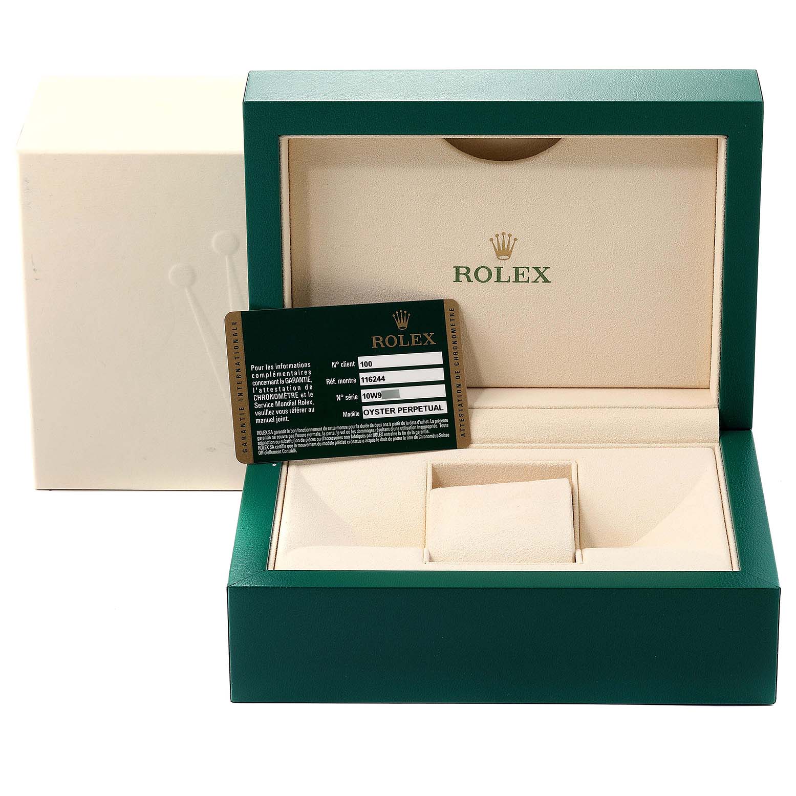 The image shows the box, card, and interior packaging accessories for a Rolex Datejust 116244 Men's Stainless Steel Black Dial 116244 Men's Stainless Steel Black Dial watch, viewed from the front.