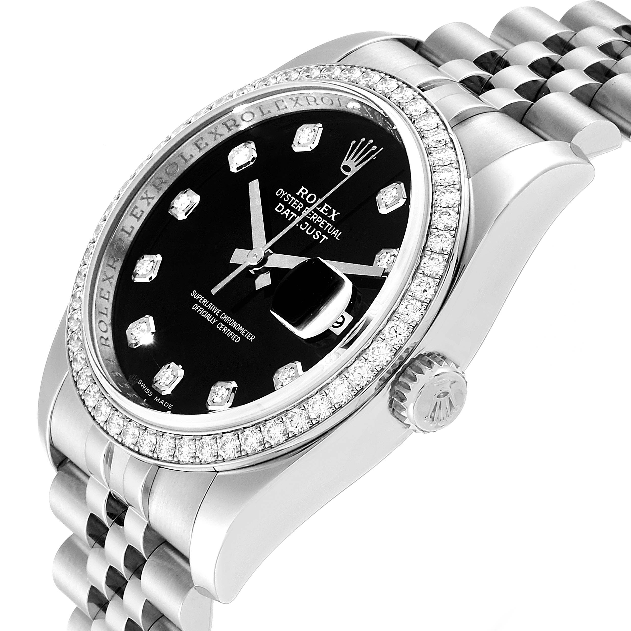 This image shows a side view of the Rolex Datejust 116244 Men's Stainless Steel Black Dial 116244 Men's Stainless Steel Black Dial watch featuring a diamond bezel and black dial.