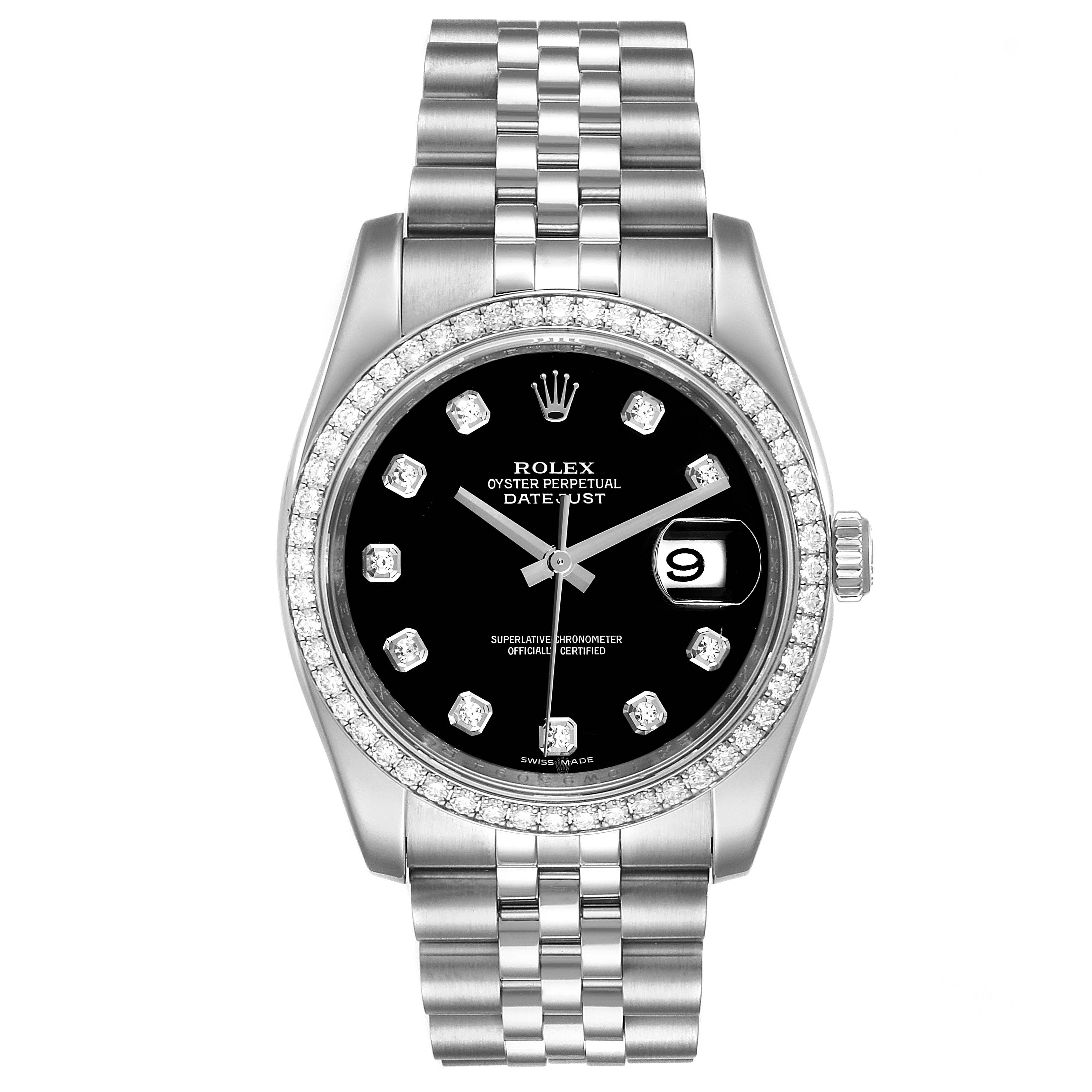 The Rolex Datejust 116244 Men's Stainless Steel Black Dial 116244 Men's Stainless Steel Black Dial watch is shown from a front angle, displaying the dial, bezel, and bracelet.