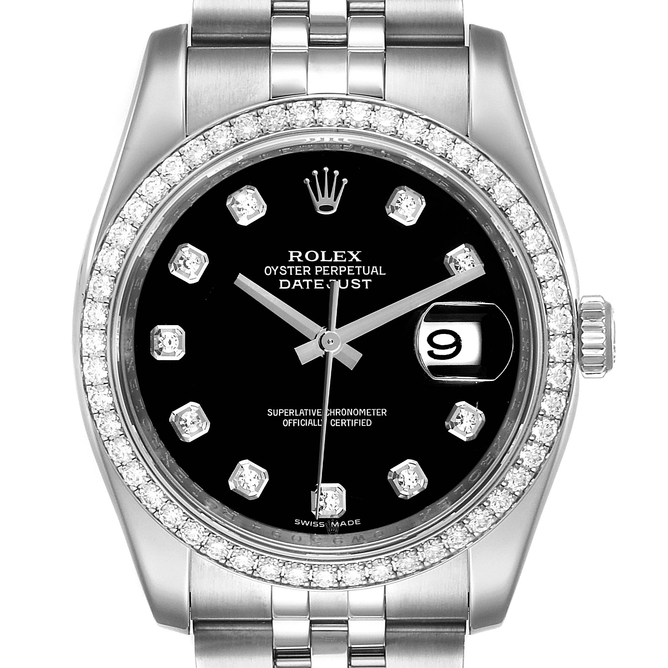 This image shows the front angle of a Rolex Datejust 116244 Men's Stainless Steel Black Dial 116244 Men's Stainless Steel Black Dial watch, highlighting its black dial, diamond markers, and date window.
