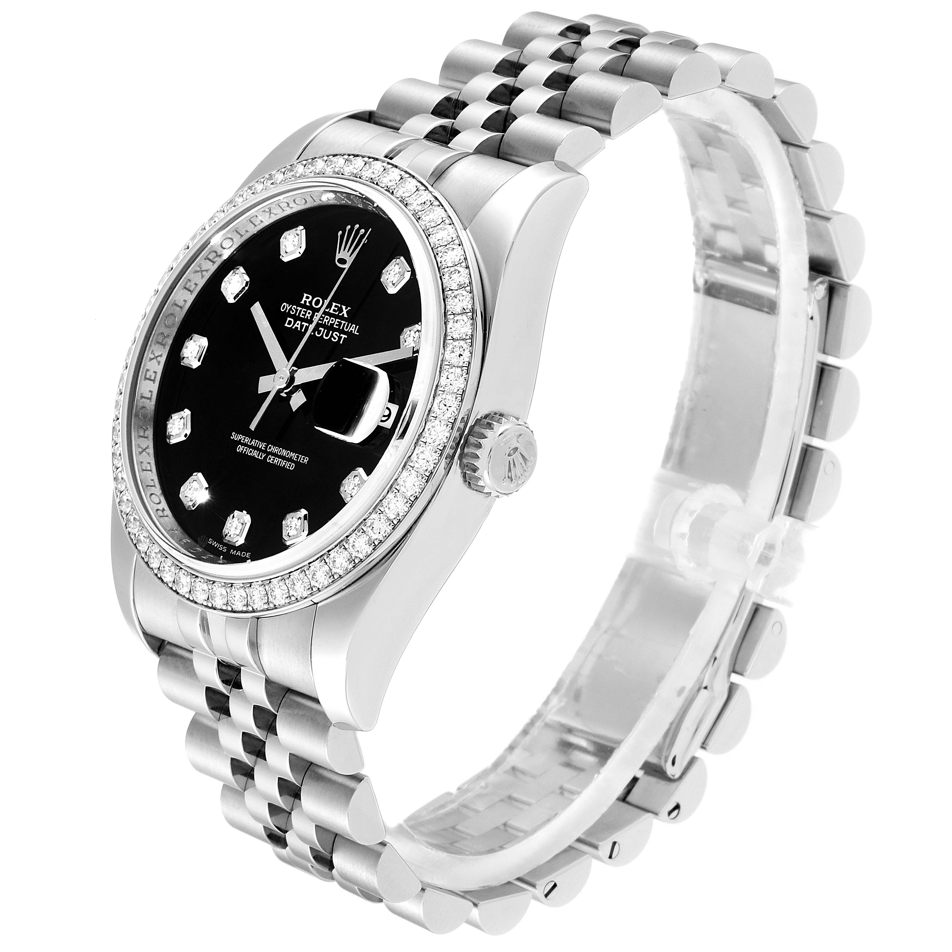 This image shows a Rolex Datejust 116244 Men's Stainless Steel Black Dial 116244 Men's Stainless Steel Black Dial watch from a side angle, highlighting its face, bezel, crown, and bracelet.