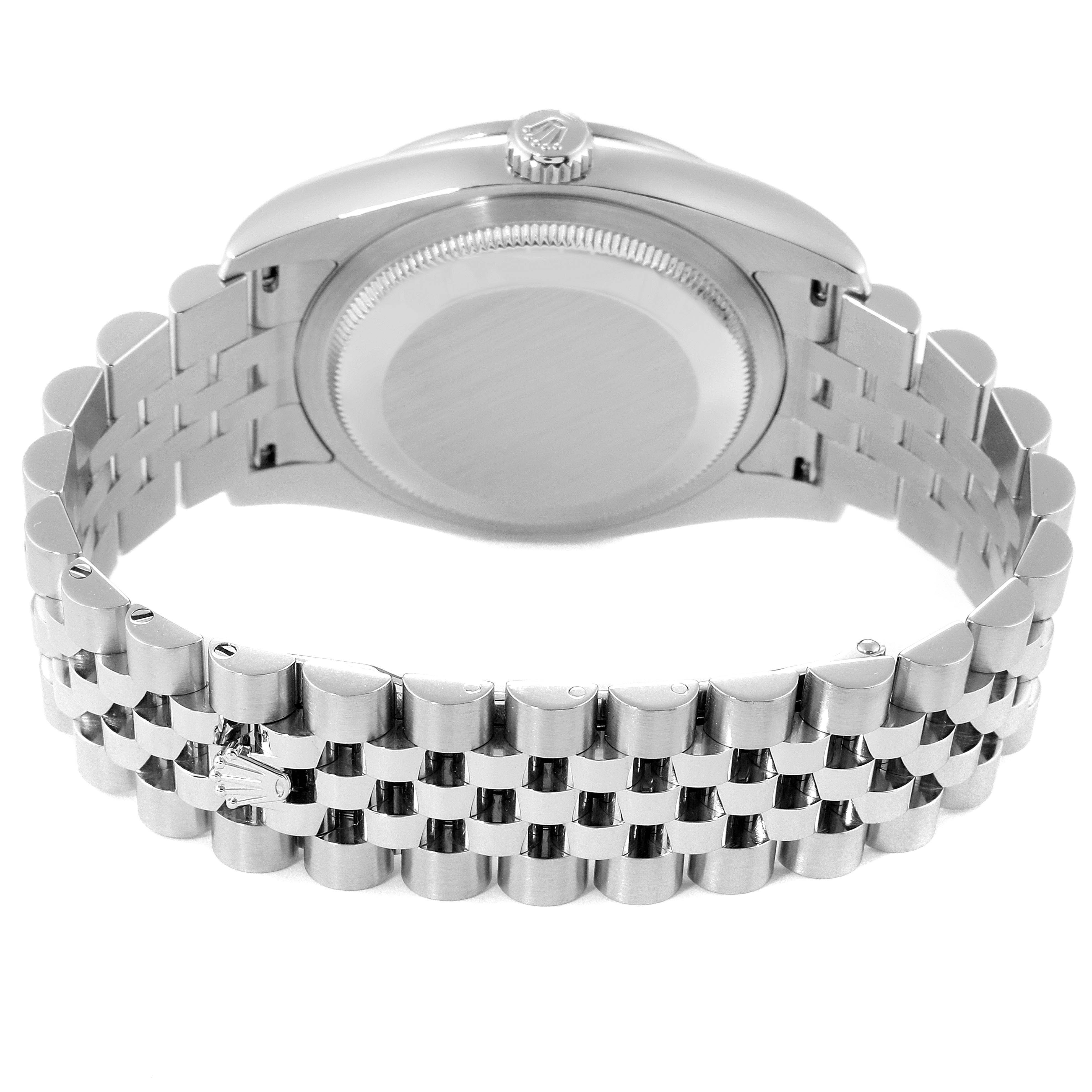 This image shows the back view of a Rolex Datejust 116244 Men's Stainless Steel Black Dial 116244 Men's Stainless Steel Black Dial watch, highlighting its case back and metal bracelet.