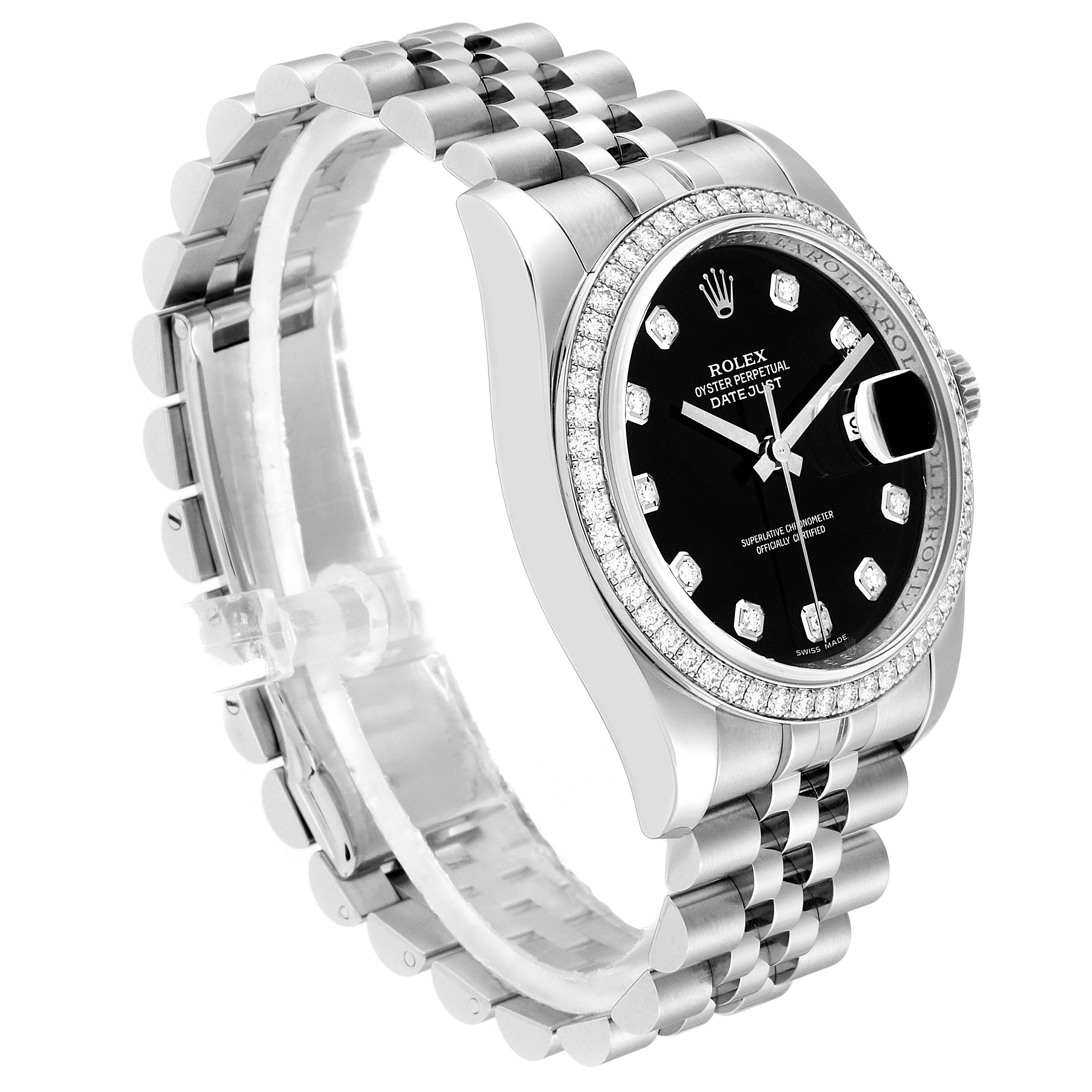This image shows a side angle of a Rolex Datejust 116244 Men's Stainless Steel Black Dial 116244 Men's Stainless Steel Black Dial, displaying its bezel, dial, case, and bracelet.