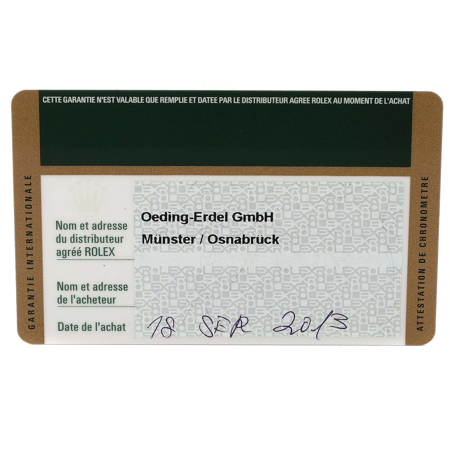 This image shows a Rolex Datejust 116244 Men's Stainless Steel Black Dial 116244 Men's Stainless Steel Black Dial warranty card with distributor's name, address, and purchase date.