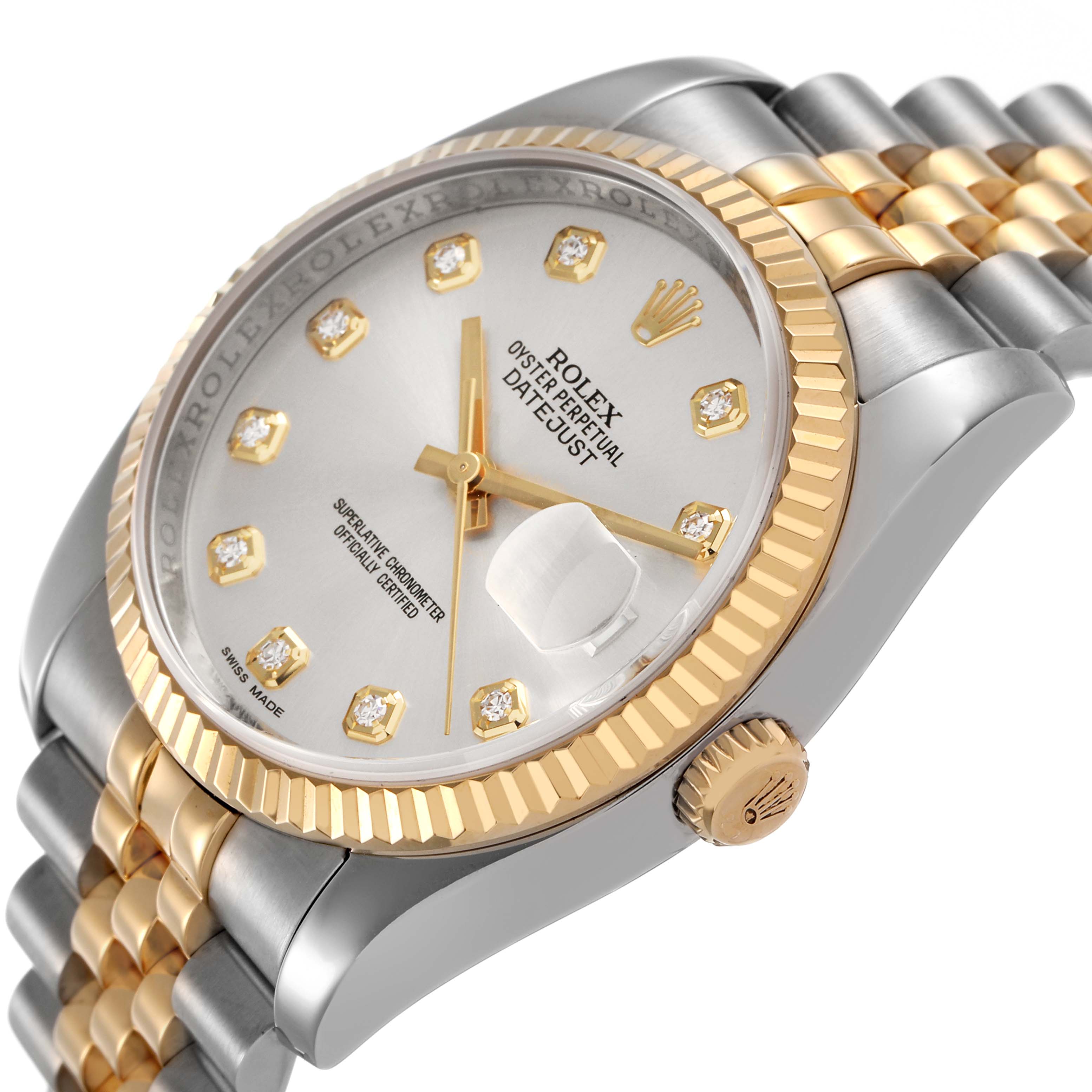 The image shows a Rolex Datejust 116233 Men's Stainless Steel Silver Dial watch at an angle highlighting the dial, bezel, crown, and bracelet.