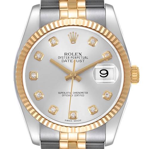 The Rolex Datejust 116233 Men's Stainless Steel Silver Dial is shown from a front angle, highlighting its dial, bezel, date window, and crown.