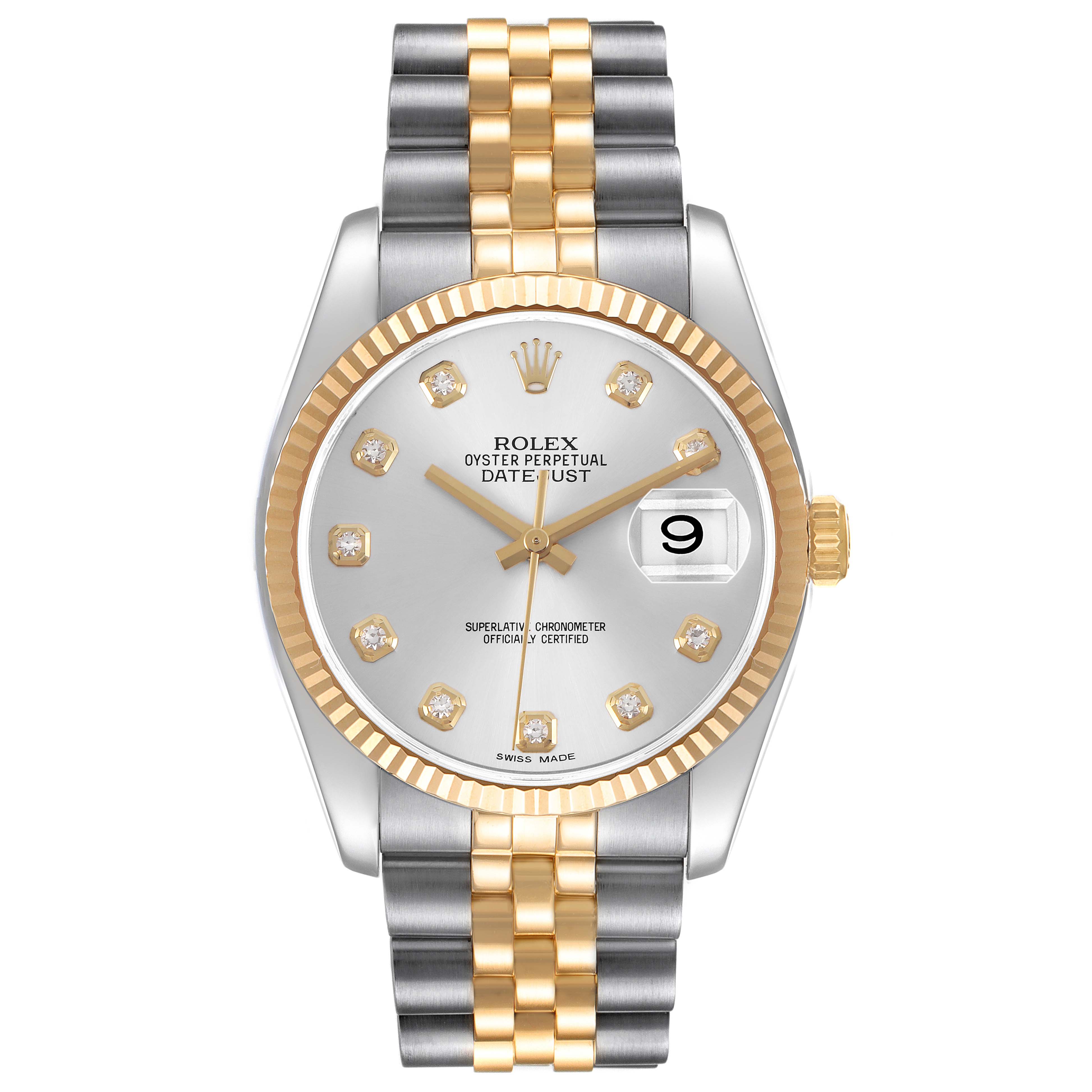 The Rolex Datejust 116233 Men's Stainless Steel Silver Dial watch is shown from a front view, highlighting the dial, bezel, and Jubilee bracelet.