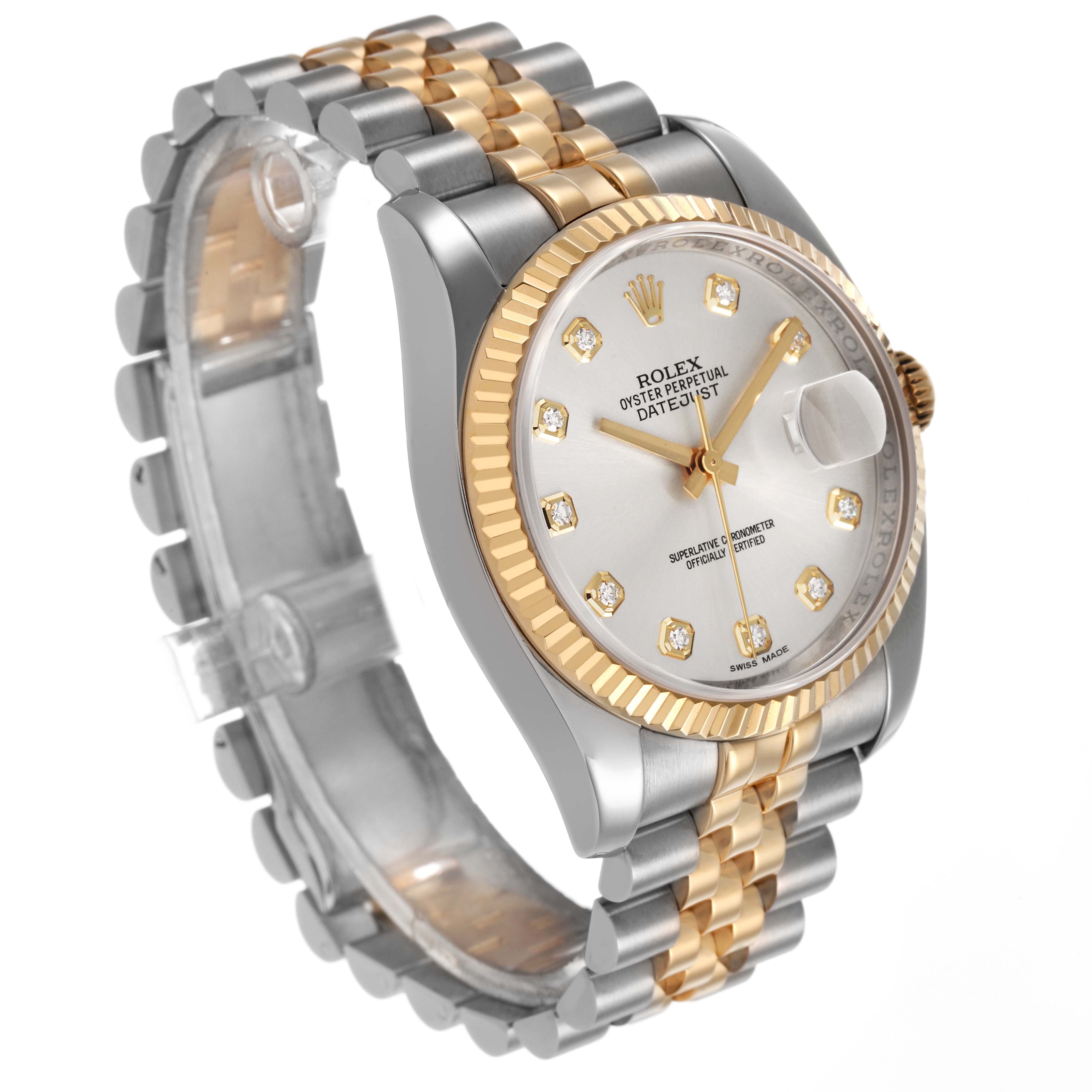 The Rolex Datejust 116233 Men's Stainless Steel Silver Dial watch is shown from a three-quarter angle, highlighting the two-tone bracelet, bezel, and dial.