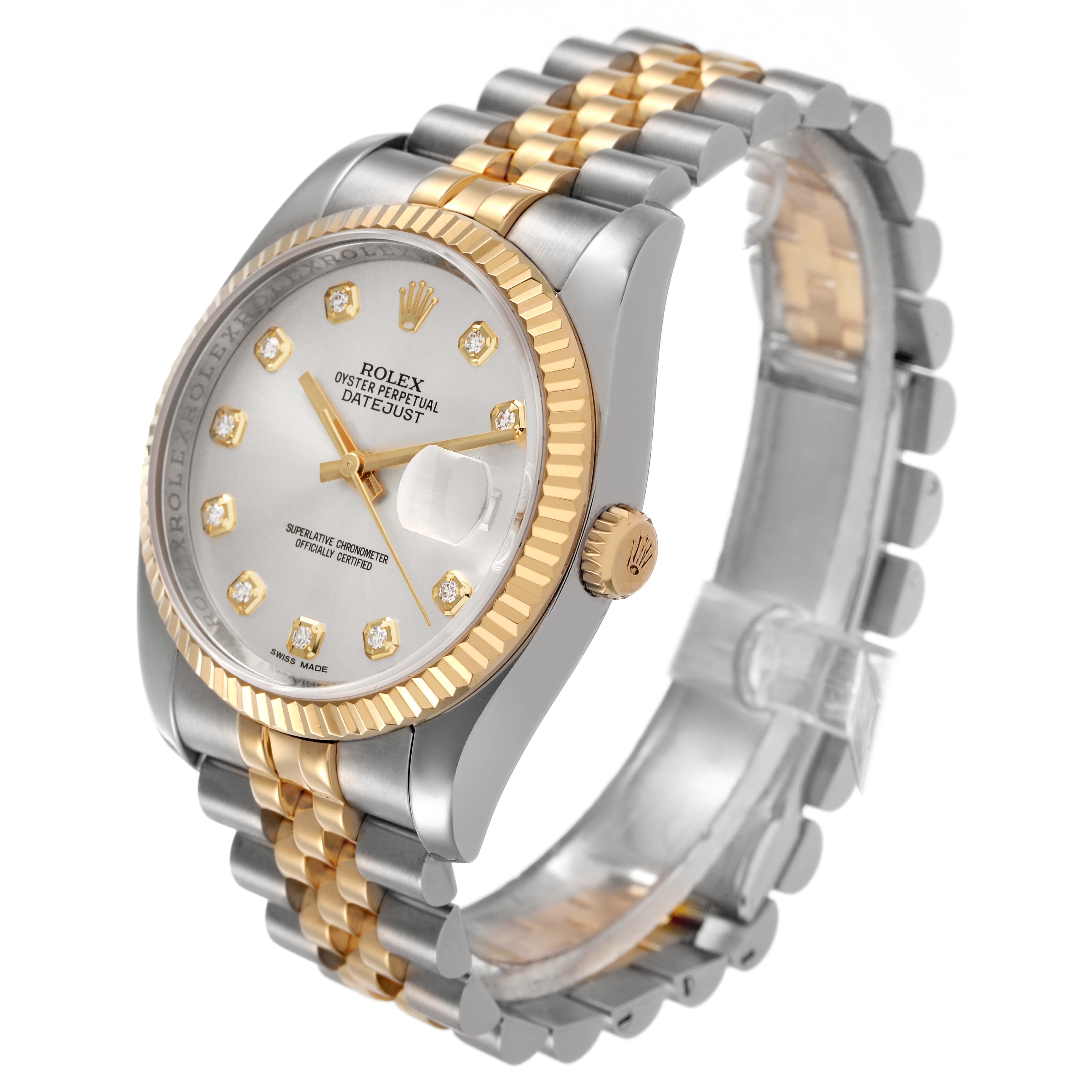 The Rolex Datejust 116233 Men's Stainless Steel Silver Dial watch is shown at a slight angle, highlighting its gold bezel, crown, and two-tone bracelet.