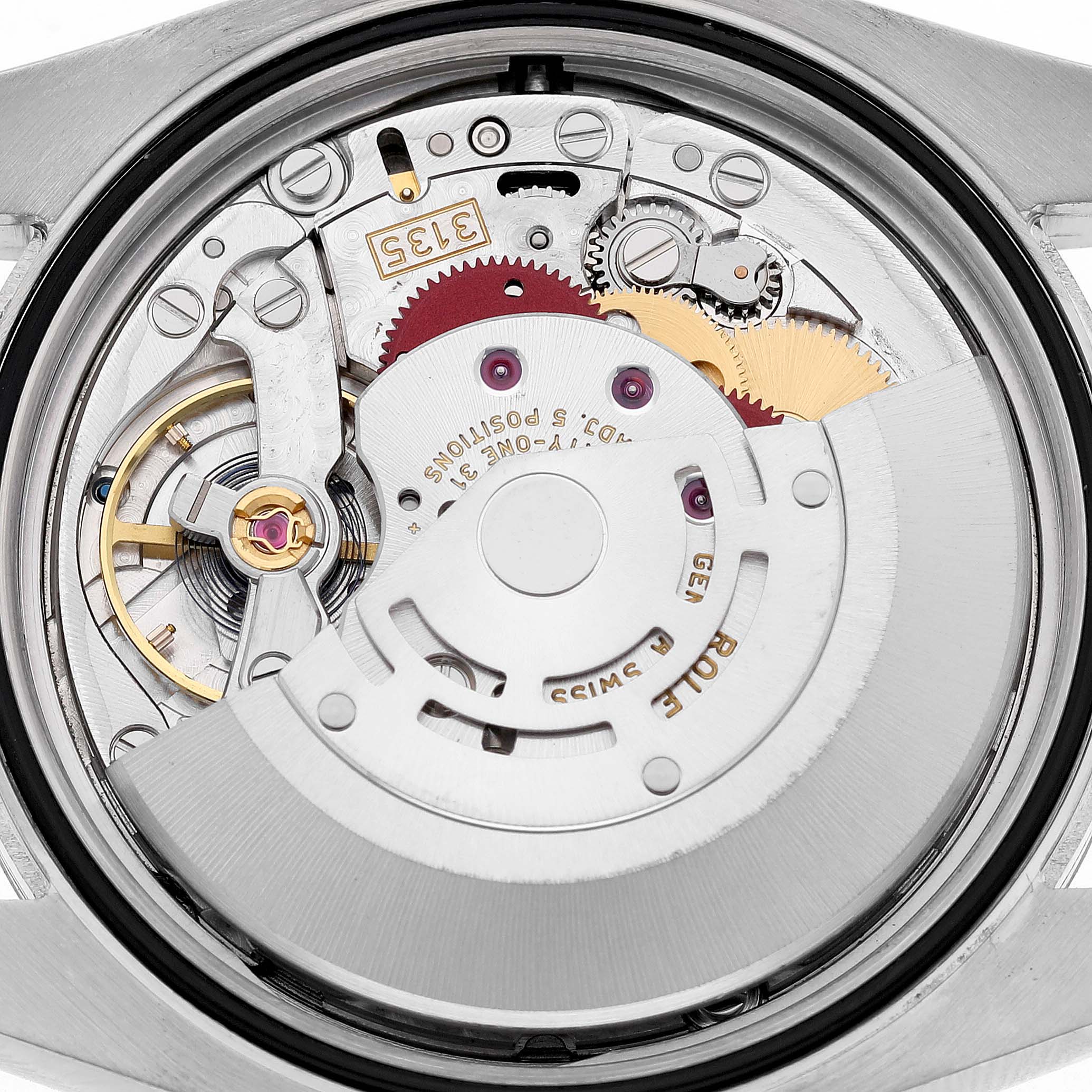 The image shows the Rolex Datejust 116233 Men's Stainless Steel Silver Dial watch movement from a direct rear angle, highlighting its intricate mechanical components.