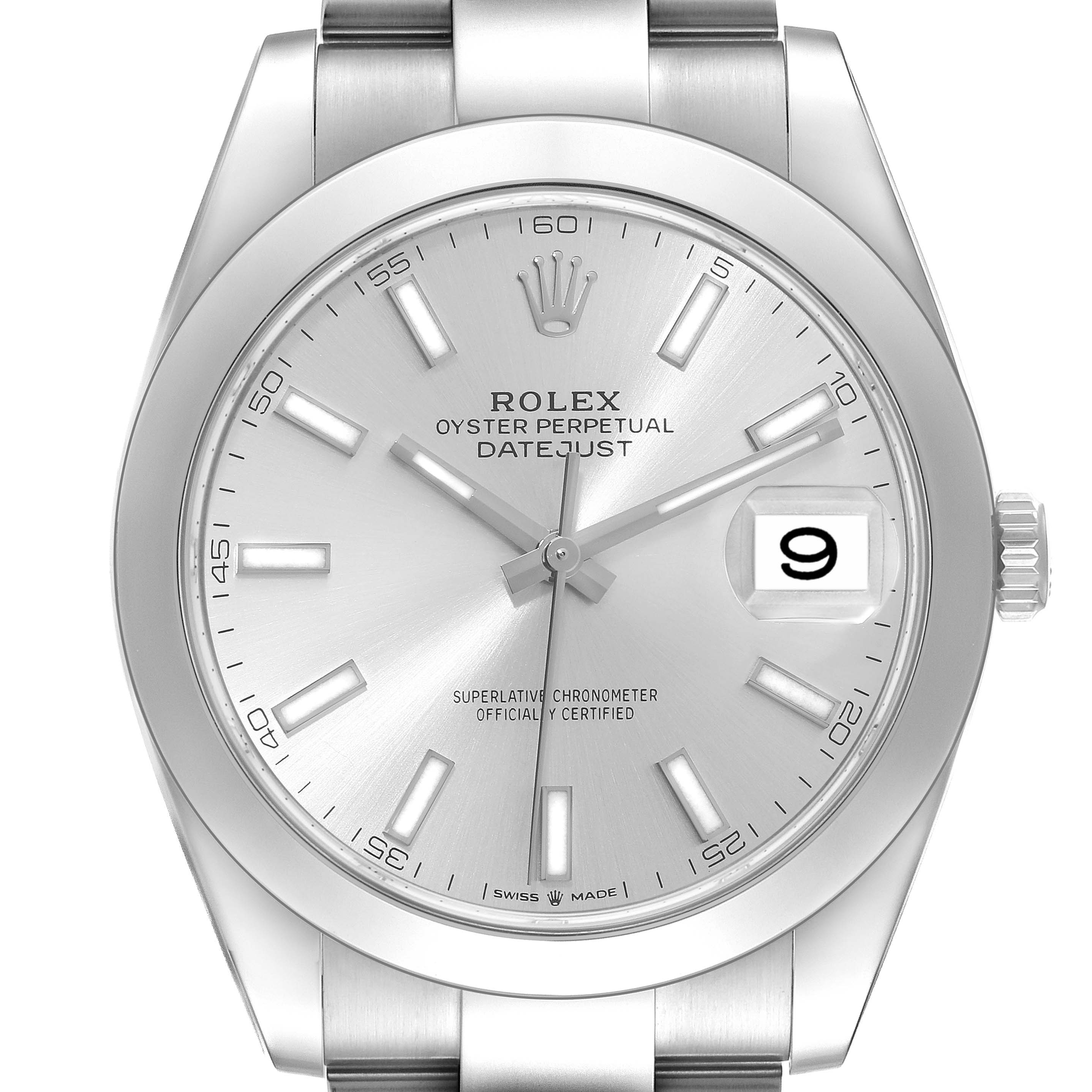 This image shows the dial, bezel, and part of the bracelet of the Rolex Datejust 41 126300 Men
s Stainless Steel Silver Dial 126300 Men
s Stainless Steel Silver Dial model, viewed from a front and center angle.