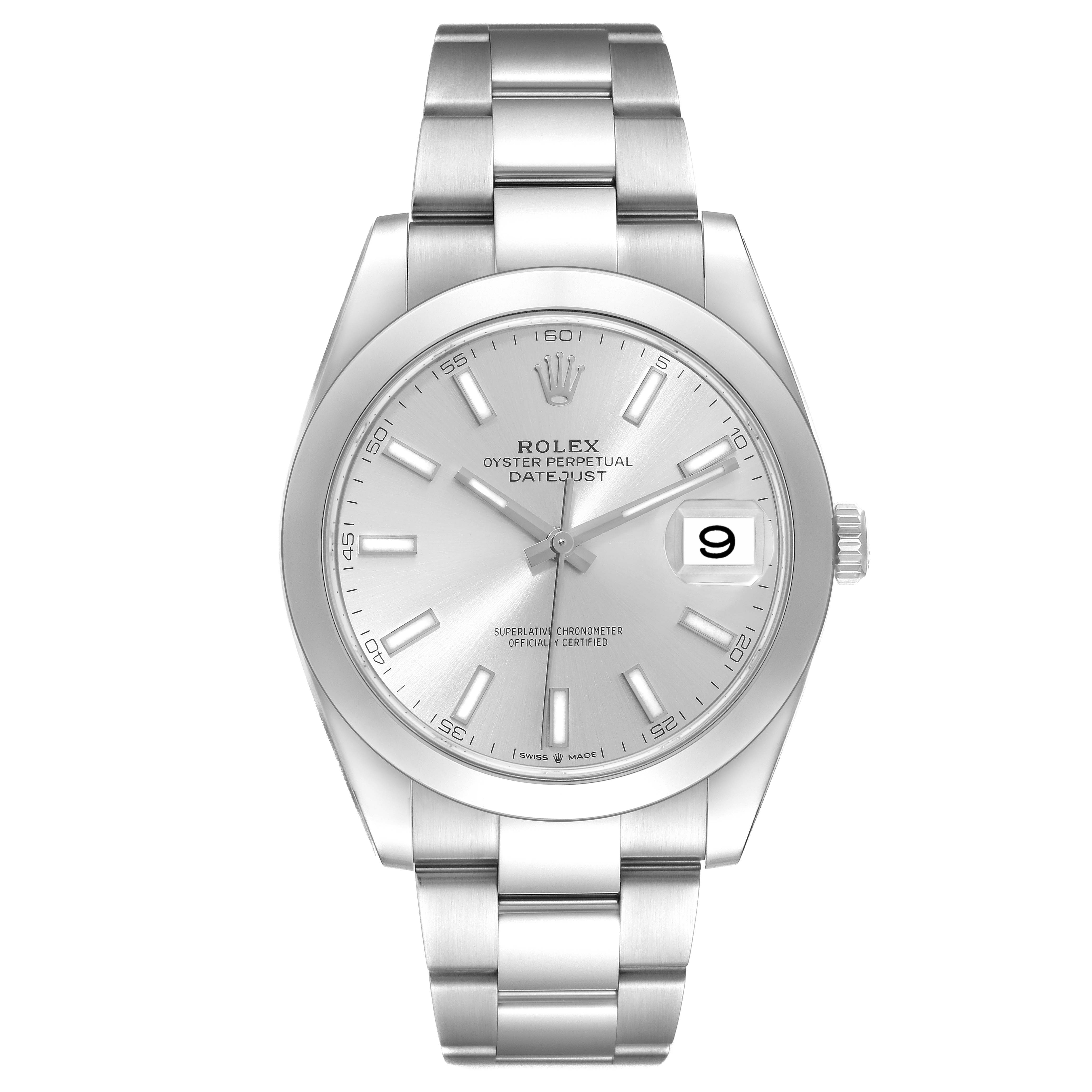 The image shows a front view of the Rolex Datejust 41 126300 Men
s Stainless Steel Silver Dial 126300 Men
s Stainless Steel Silver Dial watch, displaying its dial, hands, date window, bezel, and bracelet.