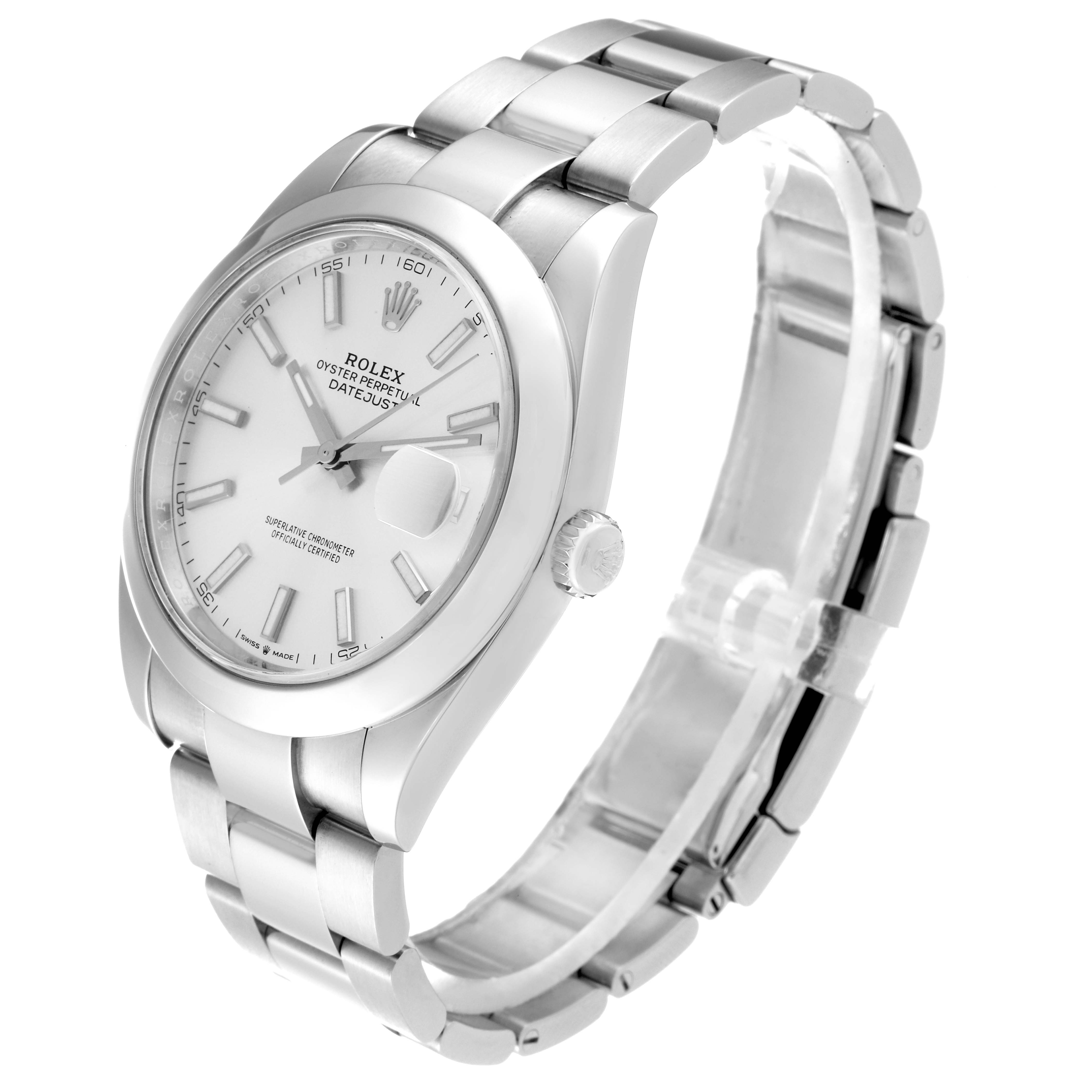This image shows a Rolex Datejust 41 126300 Men
s Stainless Steel Silver Dial 126300 Men
s Stainless Steel Silver Dial watch at a three-quarter angle, highlighting the face, case, and bracelet.
