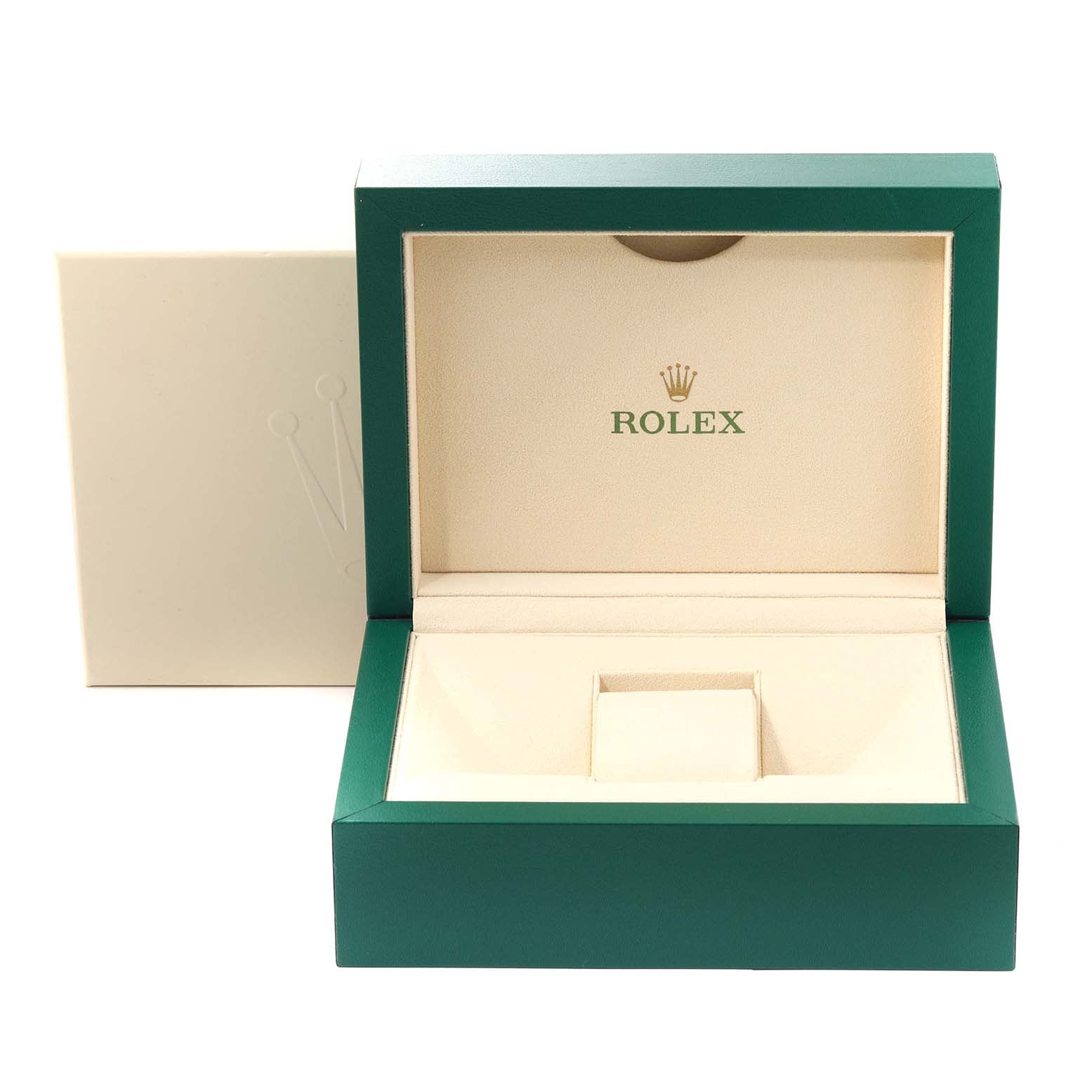 This image shows an open green and cream Rolex Datejust 41 126300 Men
s Stainless Steel Silver Dial 126300 Men
s Stainless Steel Silver Dial watch box, viewed from the front.