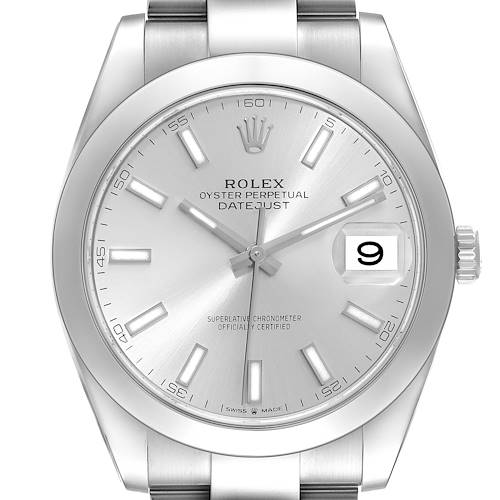 The image shows a Rolex Datejust 41 watch from a front angle, displaying the dial, case, bracelet, and crown.