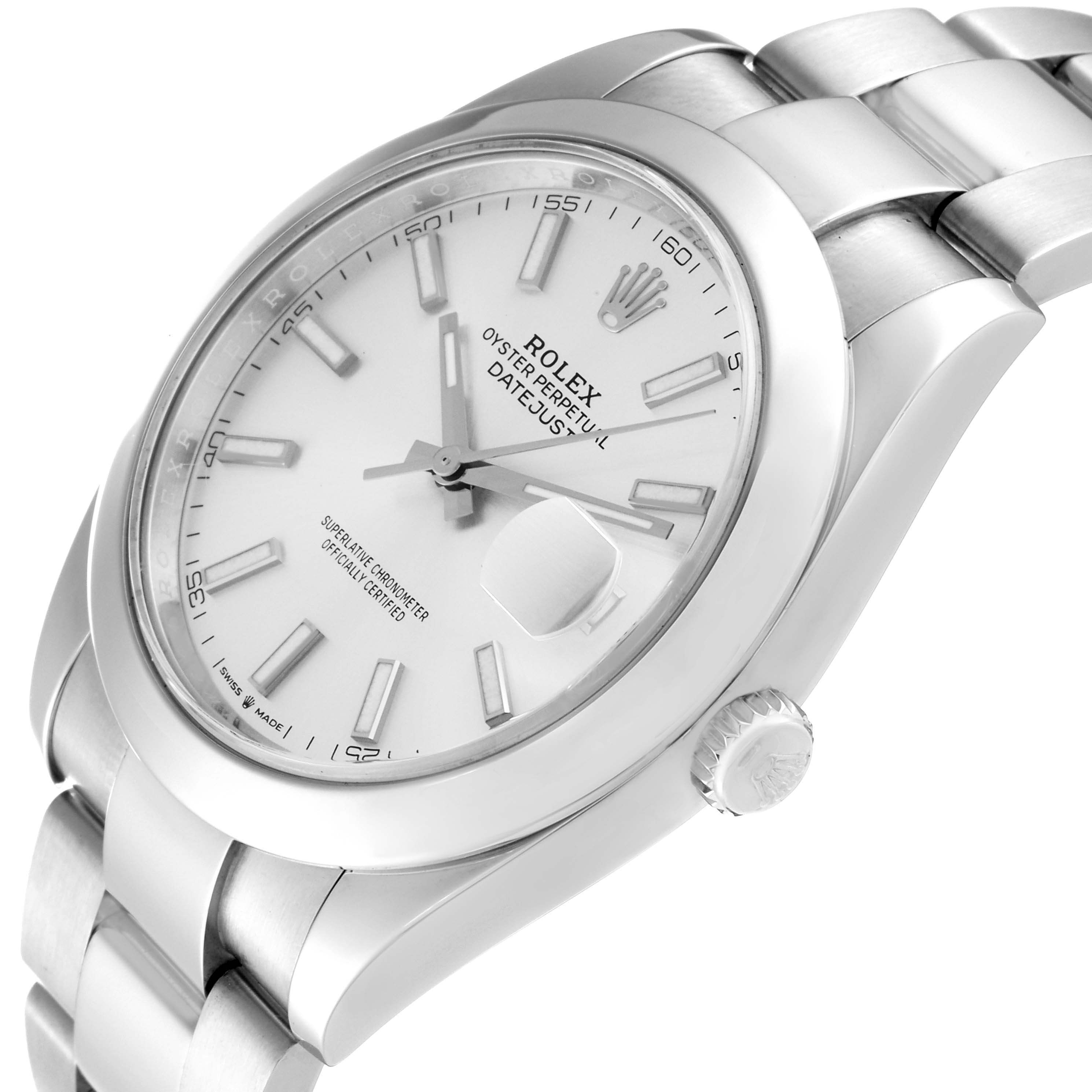 The image shows a Rolex Datejust 41 126300 Men
s Stainless Steel Silver Dial 126300 Men
s Stainless Steel Silver Dial watch from an angled side view, highlighting the dial, bezel, crown, and part of the bracelet.