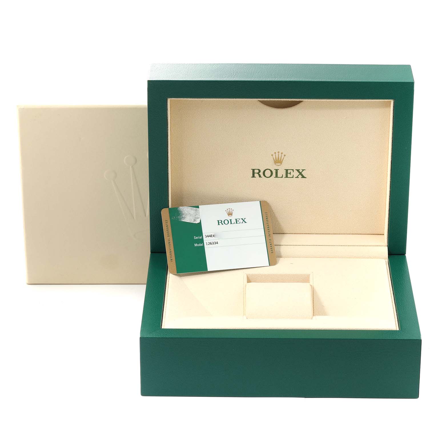 This image shows the open box and authenticity card for a Rolex Datejust 41 126334 Men's Stainless Steel Blue Dial 126334 Men's Stainless Steel Blue Dial watch.