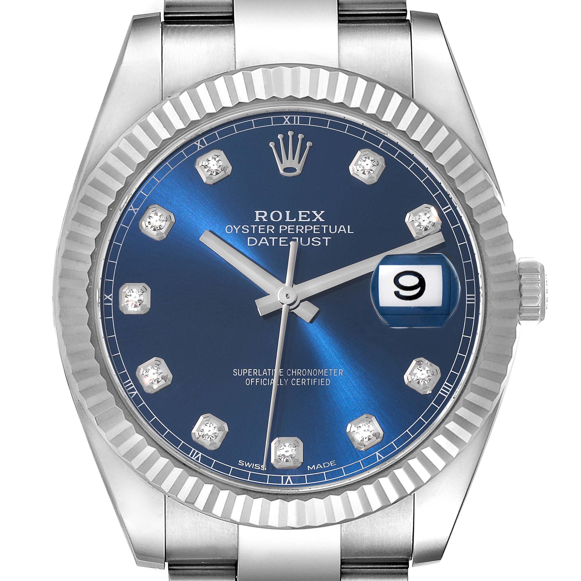 The image shows a front view of a Rolex Datejust 41 126334 Men's Stainless Steel Blue Dial 126334 Men's Stainless Steel Blue Dial model, focusing on its blue dial, diamond hour markers, fluted bezel, and date window.