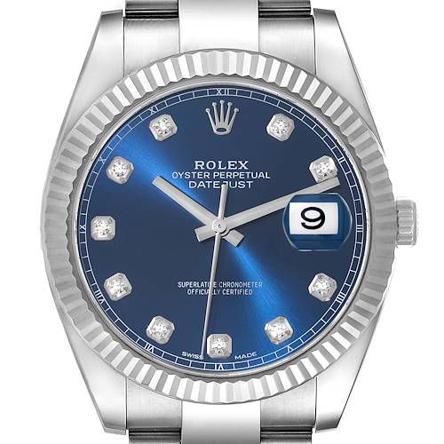 The image shows a front view of the Rolex Datejust 41 watch, highlighting the blue dial, diamond hour markers, and fluted bezel.