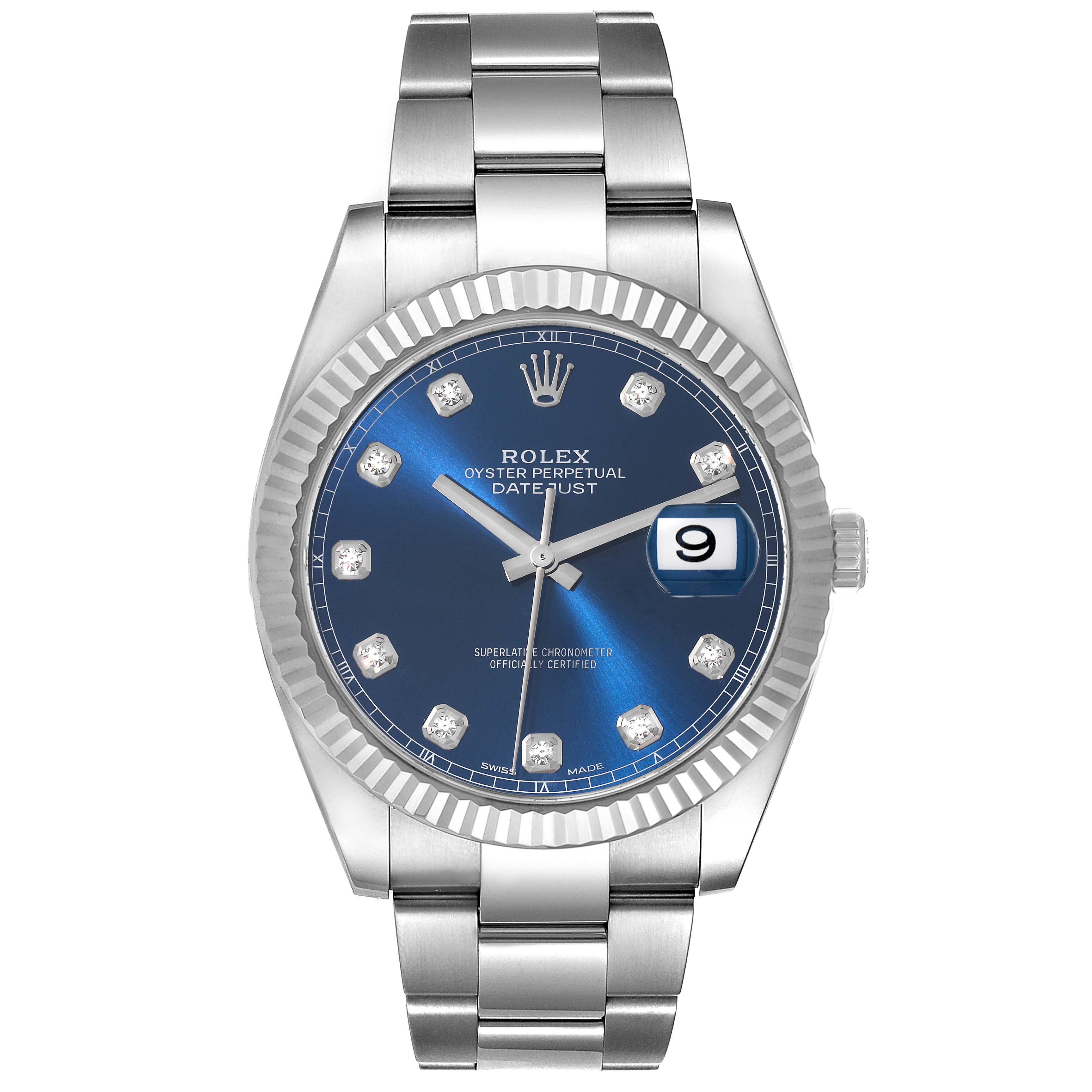 This image displays a front view of the Rolex Datejust 41 126334 Men's Stainless Steel Blue Dial 126334 Men's Stainless Steel Blue Dial watch, highlighting its blue dial, diamond indices, and stainless steel bracelet.