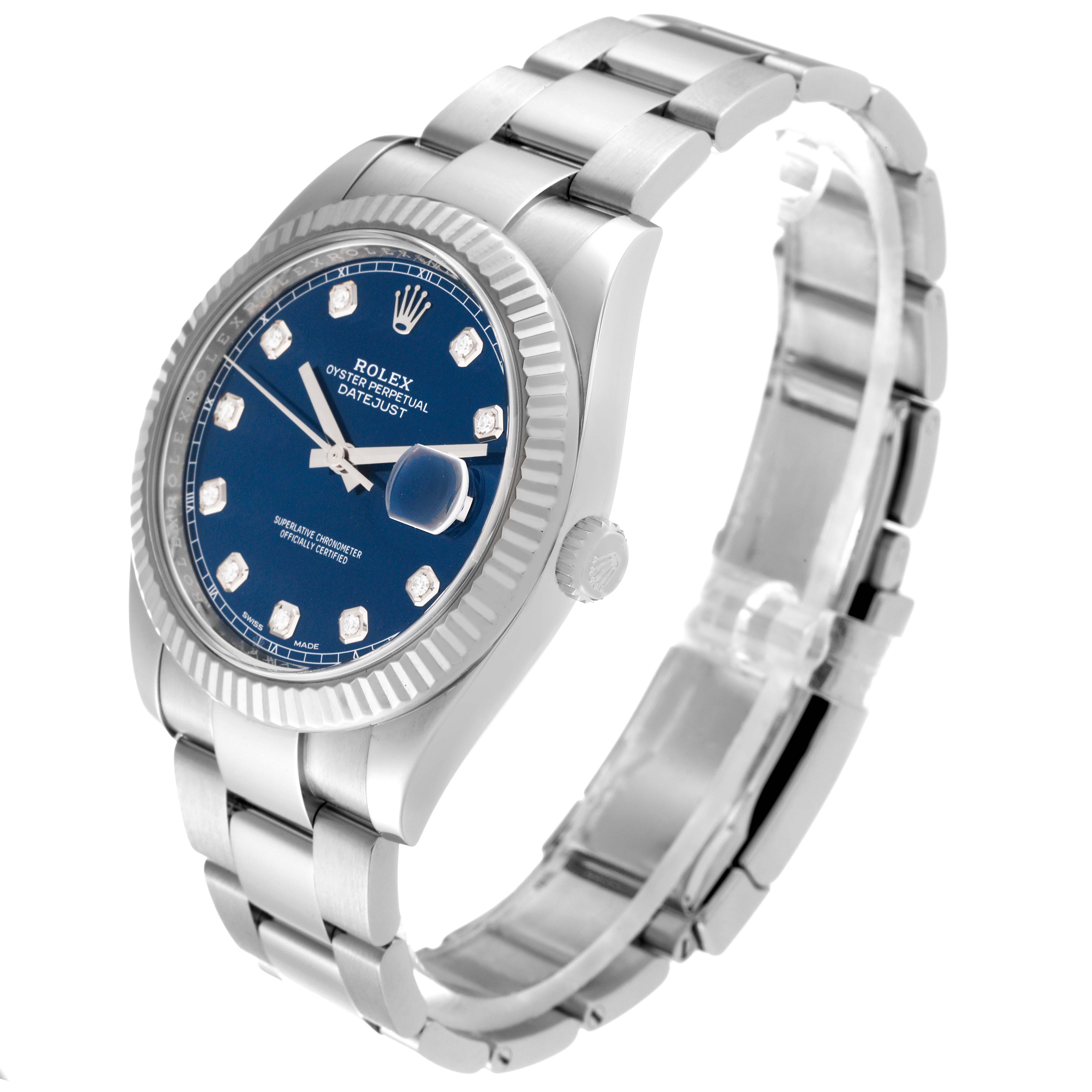 This Rolex Datejust 41 126334 Men's Stainless Steel Blue Dial 126334 Men's Stainless Steel Blue Dial watch is shown at a three-quarter angle, highlighting its blue dial, fluted bezel, and oyster bracelet.