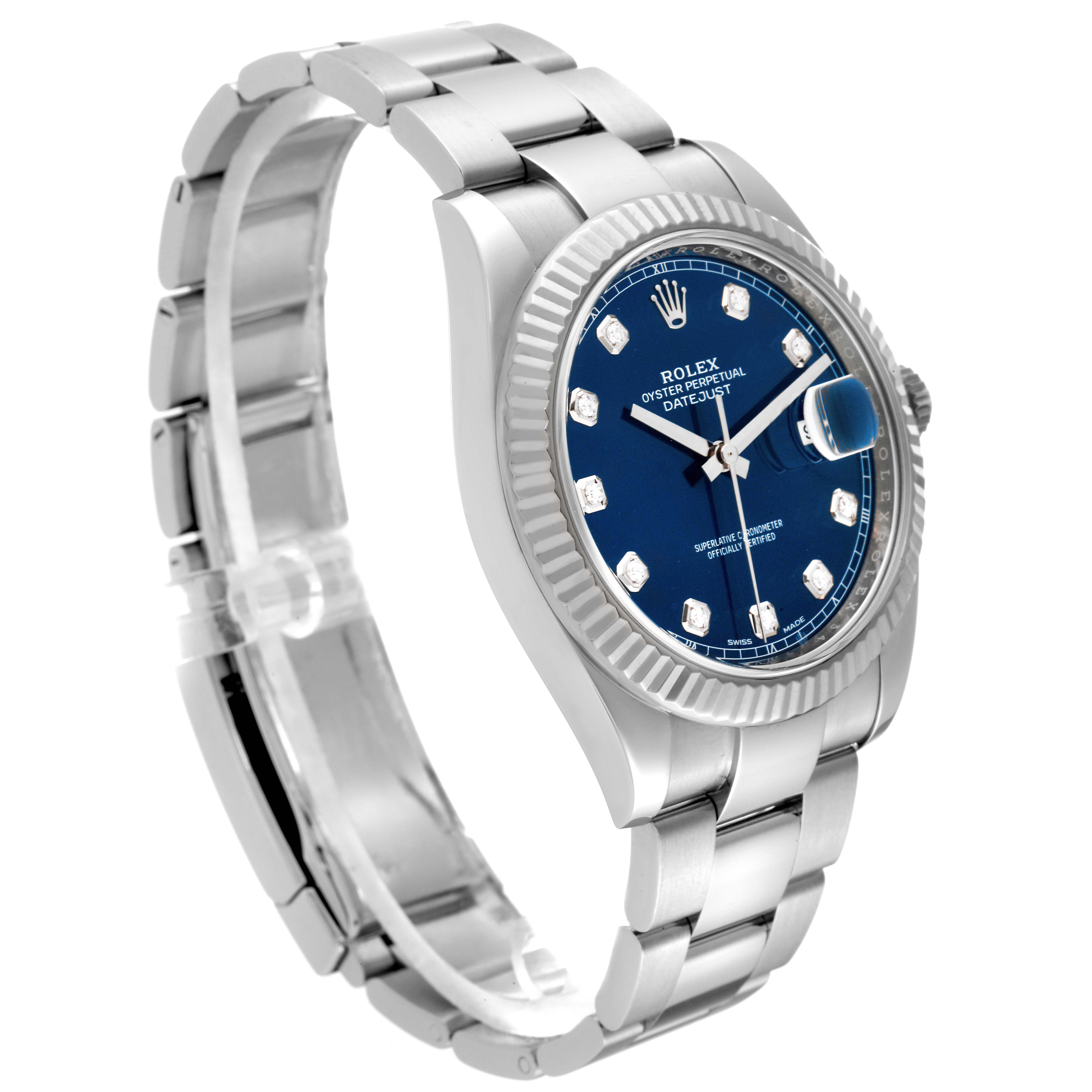 This image shows a side angle view of the Rolex Datejust 41 126334 Men's Stainless Steel Blue Dial 126334 Men's Stainless Steel Blue Dial watch, displaying its bracelet, case, crown, and dial.