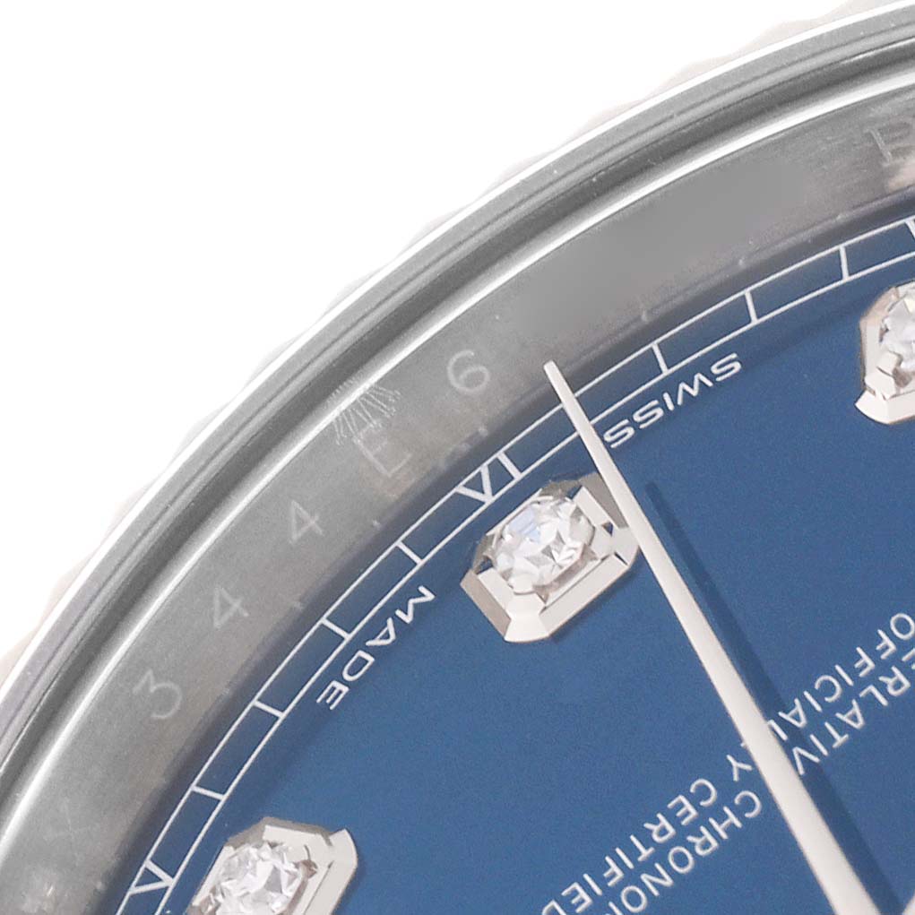 This image shows a close-up angle of the dial and bezel of a Rolex Datejust 41 126334 Men's Stainless Steel Blue Dial 126334 Men's Stainless Steel Blue Dial, emphasizing the hour markers and part of the watch face.