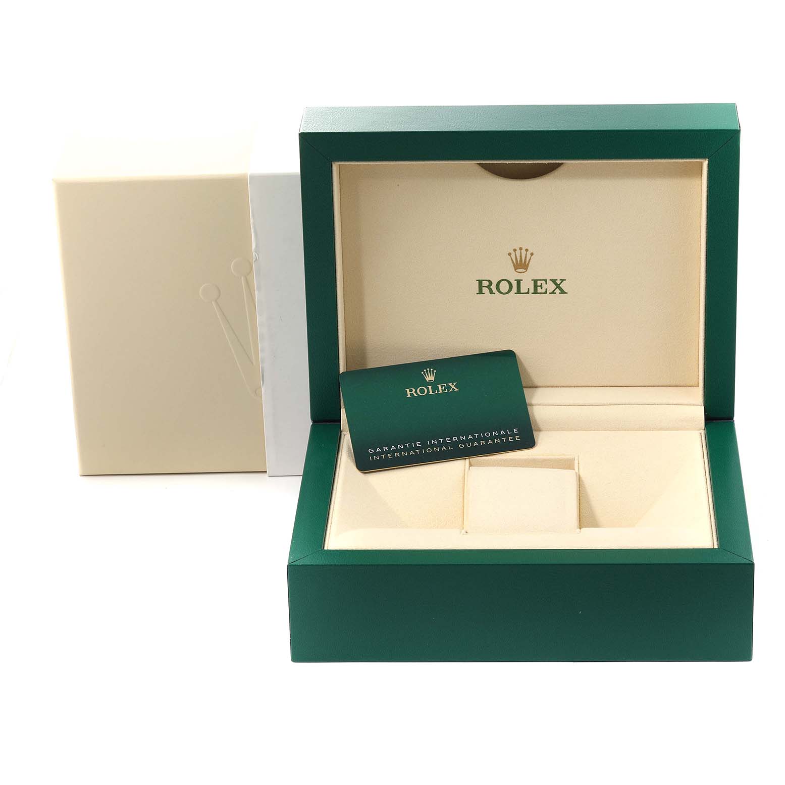 The image shows the packaging and warranty card of the Rolex Datejust 41 126334 Men
s Stainless Steel Blue Dial 126334 Men
s Stainless Steel Blue Dial watch, with the box open to reveal the interior.