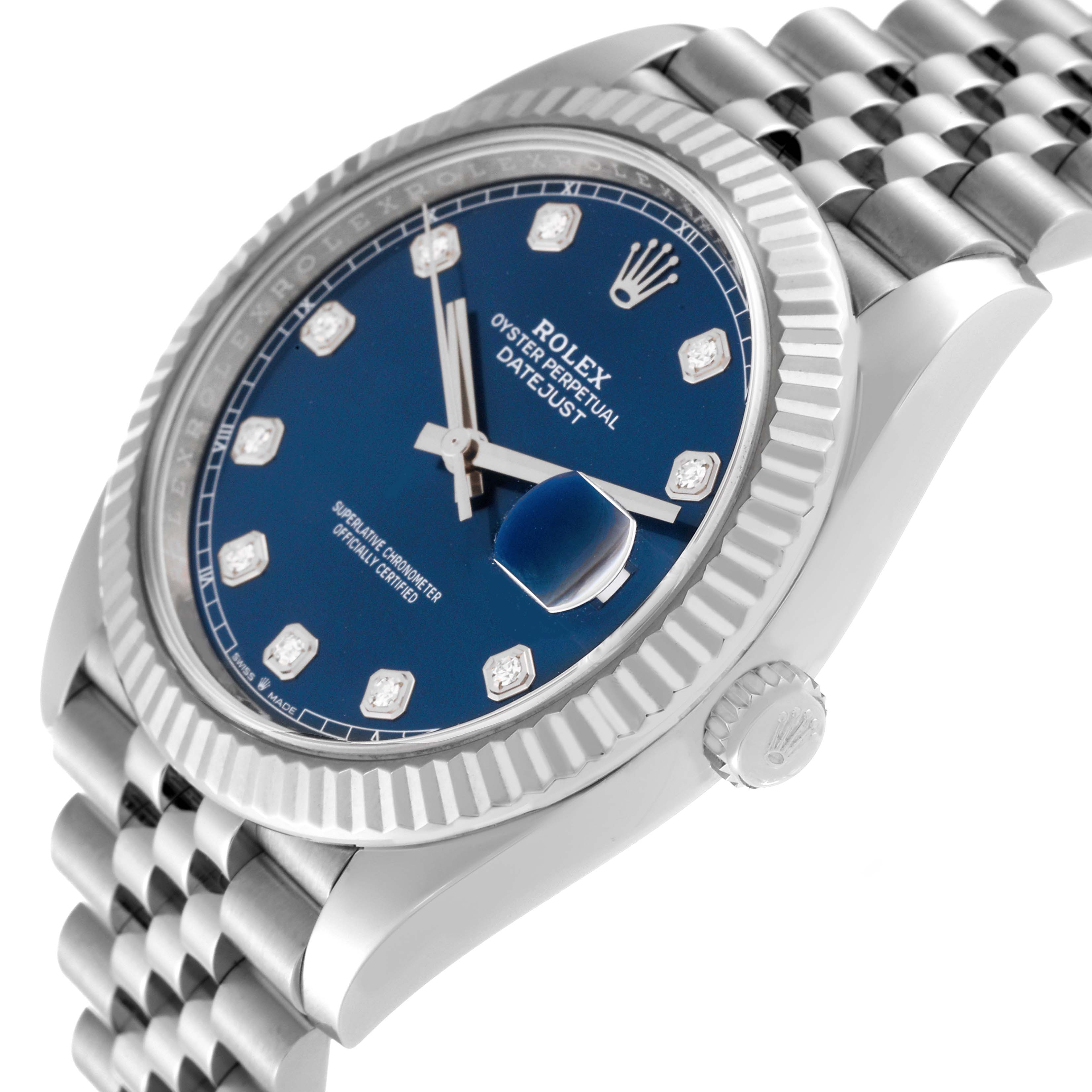The image shows a Rolex Datejust 41 126334 Men
s Stainless Steel Blue Dial 126334 Men
s Stainless Steel Blue Dial watch at a side angle, highlighting its blue dial, fluted bezel, and part of the jubilee bracelet.