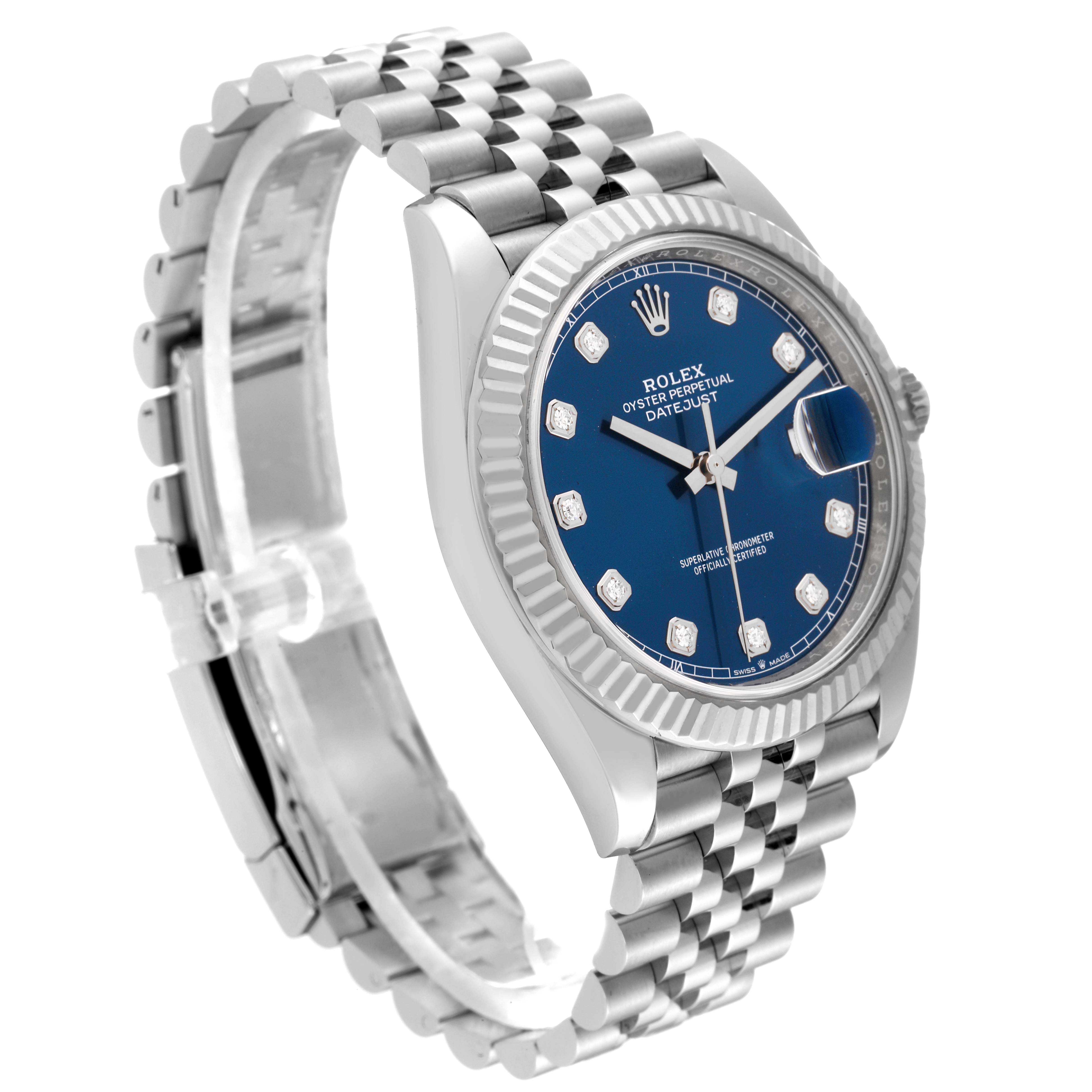 The Rolex Datejust 41 126334 Men
s Stainless Steel Blue Dial 126334 Men
s Stainless Steel Blue Dial model watch is shown at a slight angle, highlighting the blue dial, fluted bezel, and Jubilee bracelet.