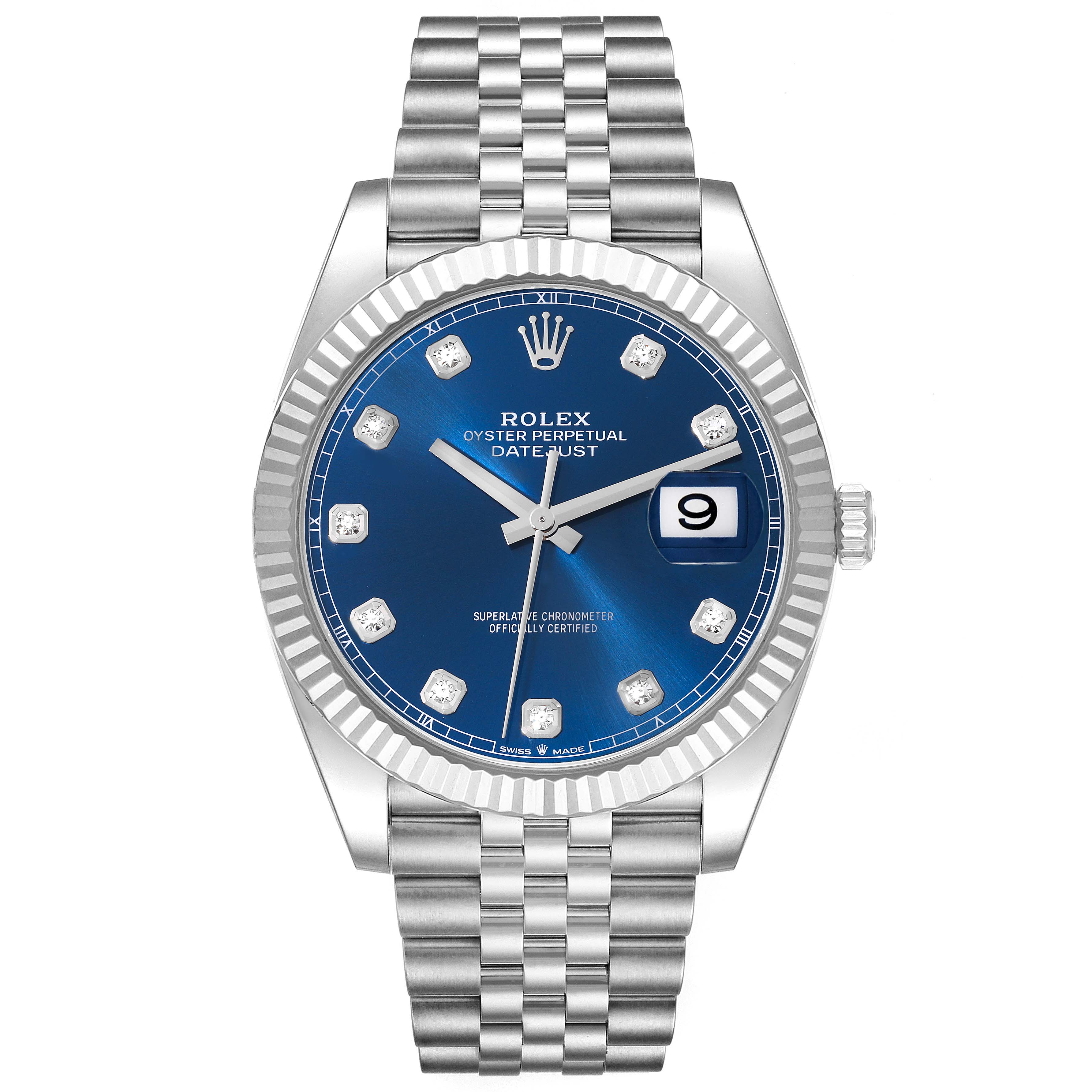 The image shows a front view of a Rolex Datejust 41 126334 Men
s Stainless Steel Blue Dial 126334 Men
s Stainless Steel Blue Dial with a blue dial, fluted bezel, diamond hour markers, and Jubilee bracelet.